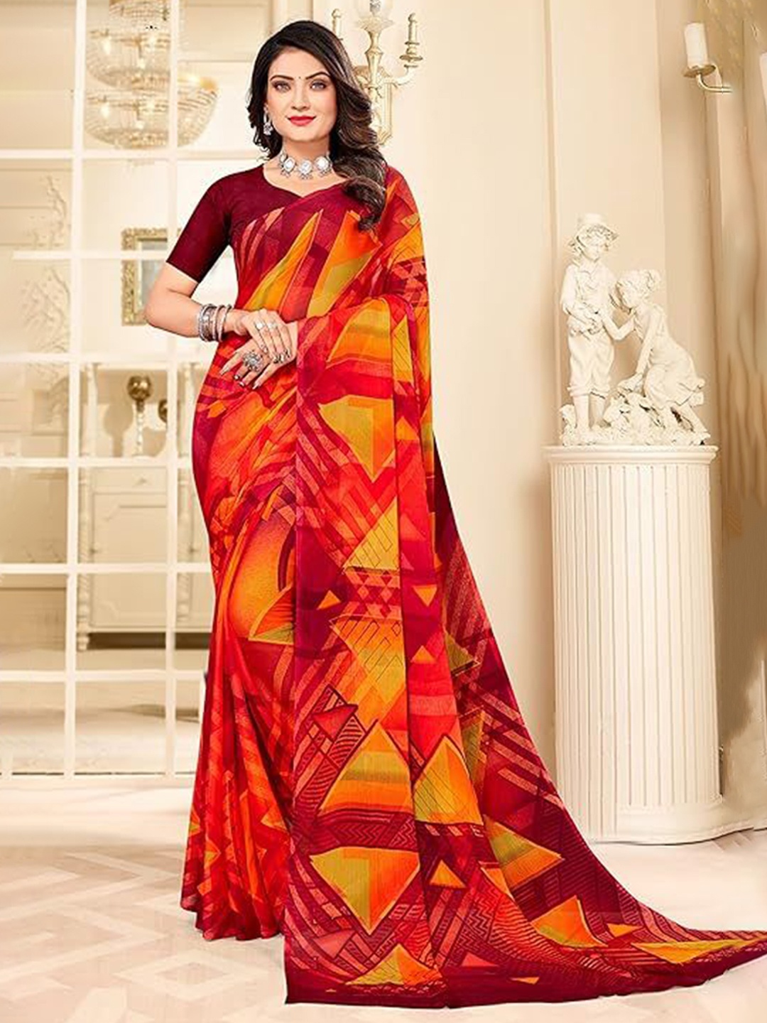 

Reboot Fashions Printed Pure Chiffon Saree, Orange