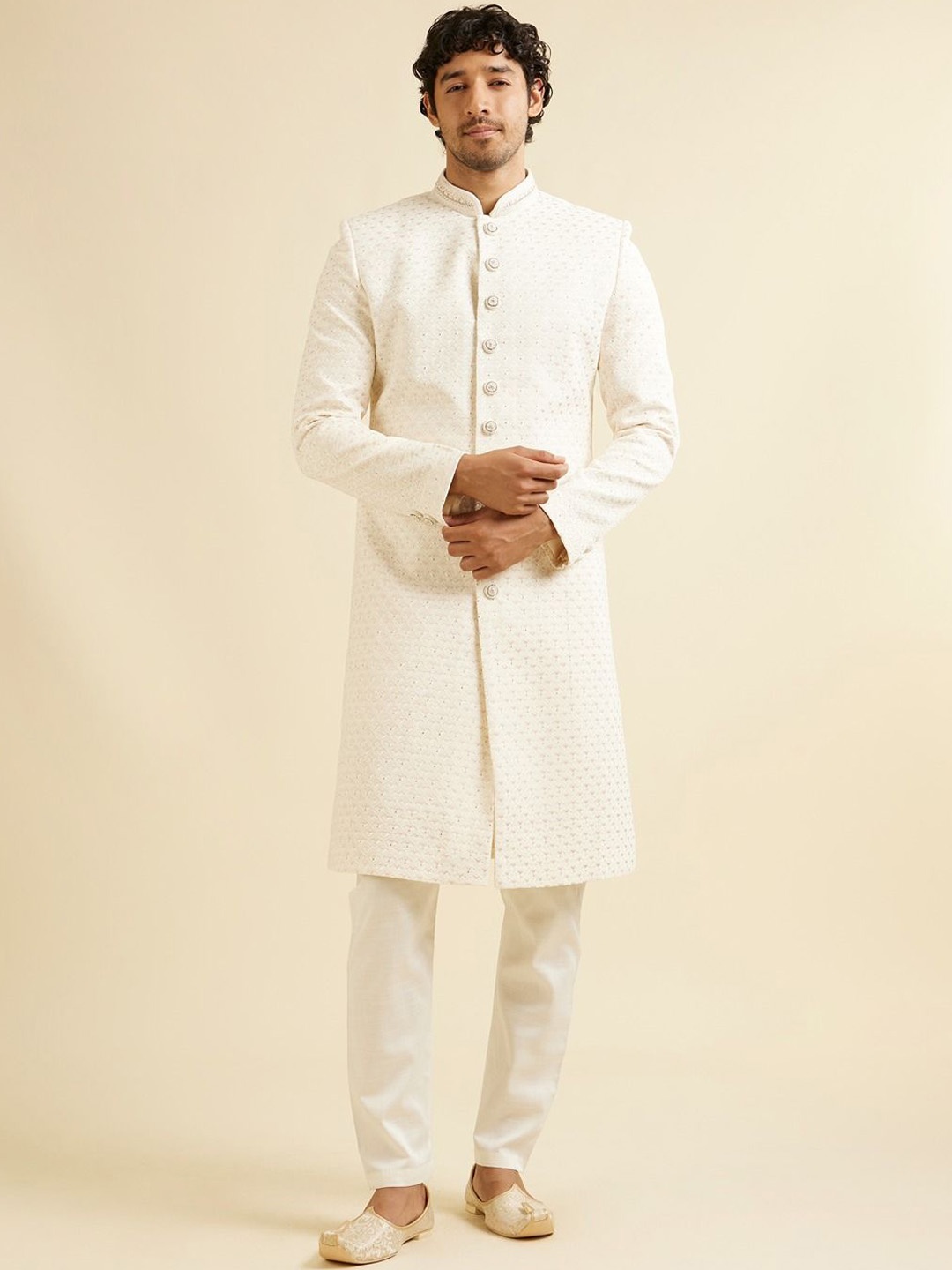

Manyavar Men Embroidered Mandarin Collar Sherwani Set, Cream