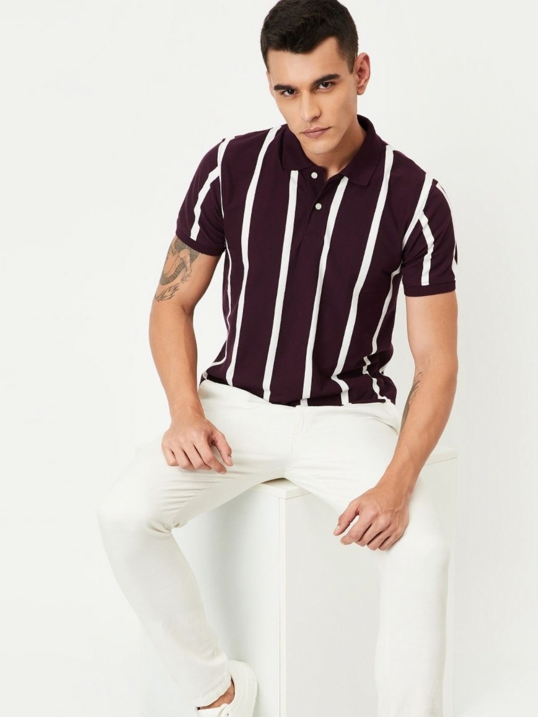 

max Men Striped Polo Collar Cotton T-shirt, Maroon
