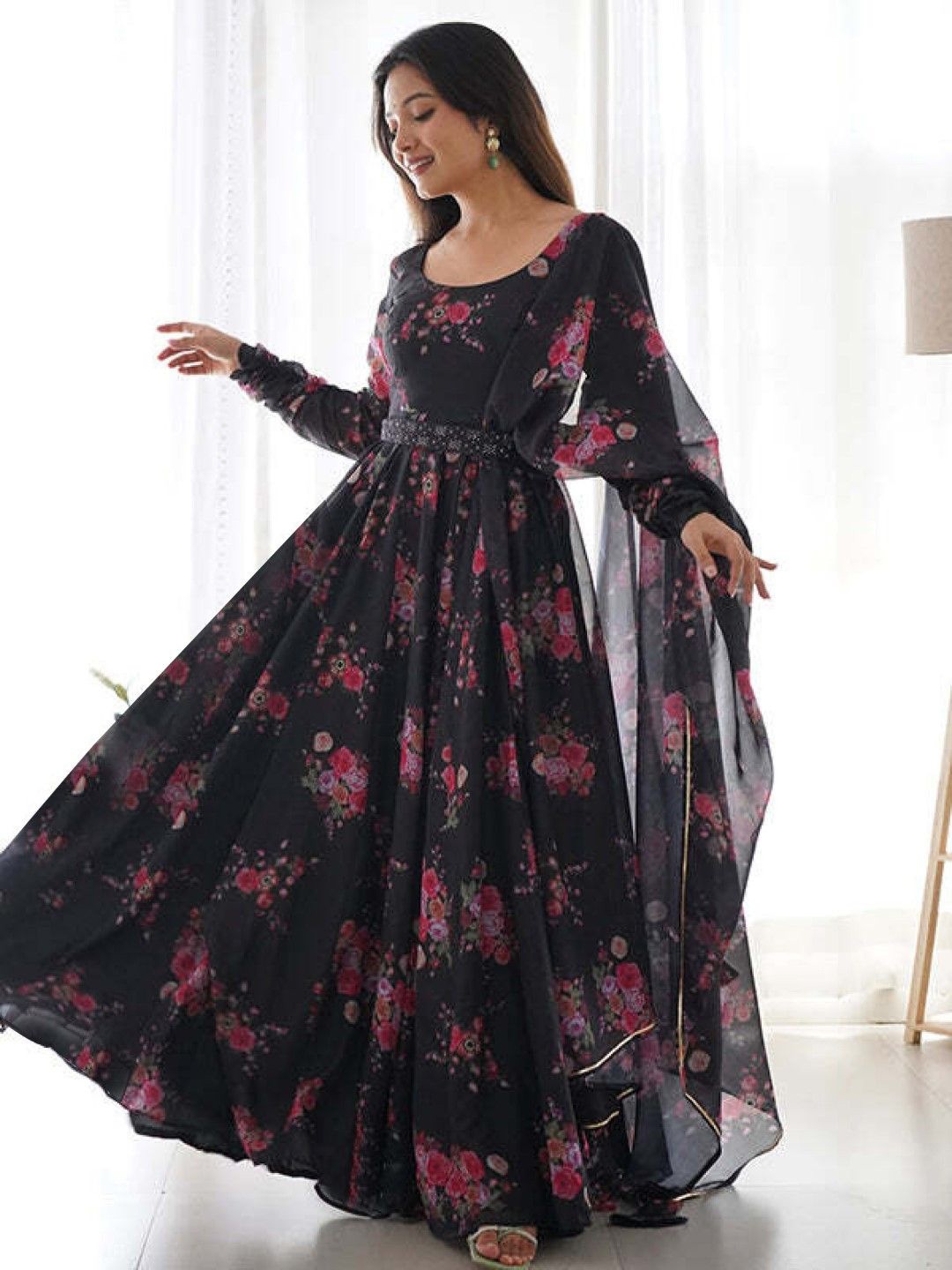 

Raiyani Enterprise Women Floral Printed Fit And Flare Ethnic Dress With Dupatta And Belt, Black