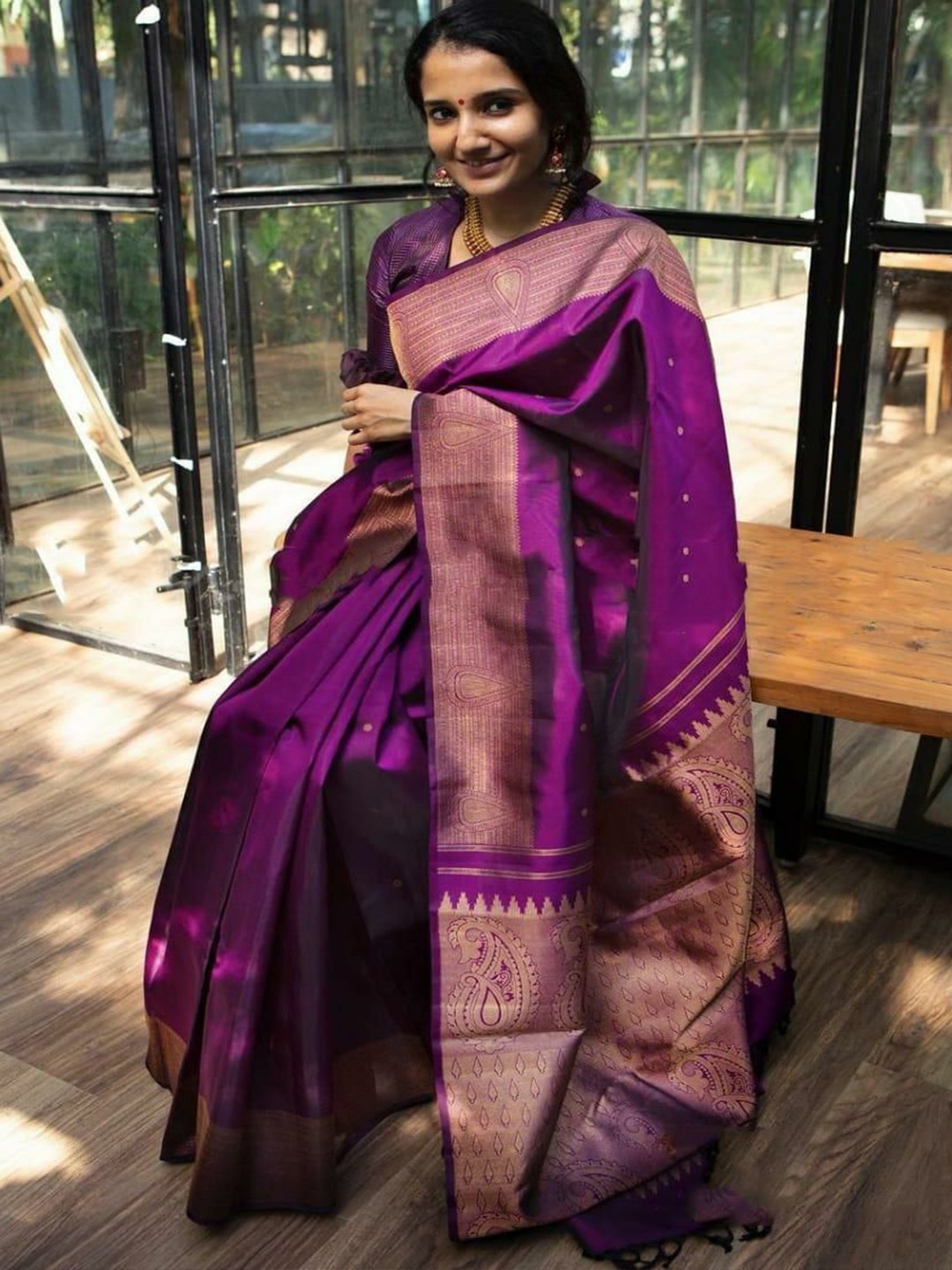 

Wuxi Woven Design Zari Pure Silk Banarasi Saree, Purple