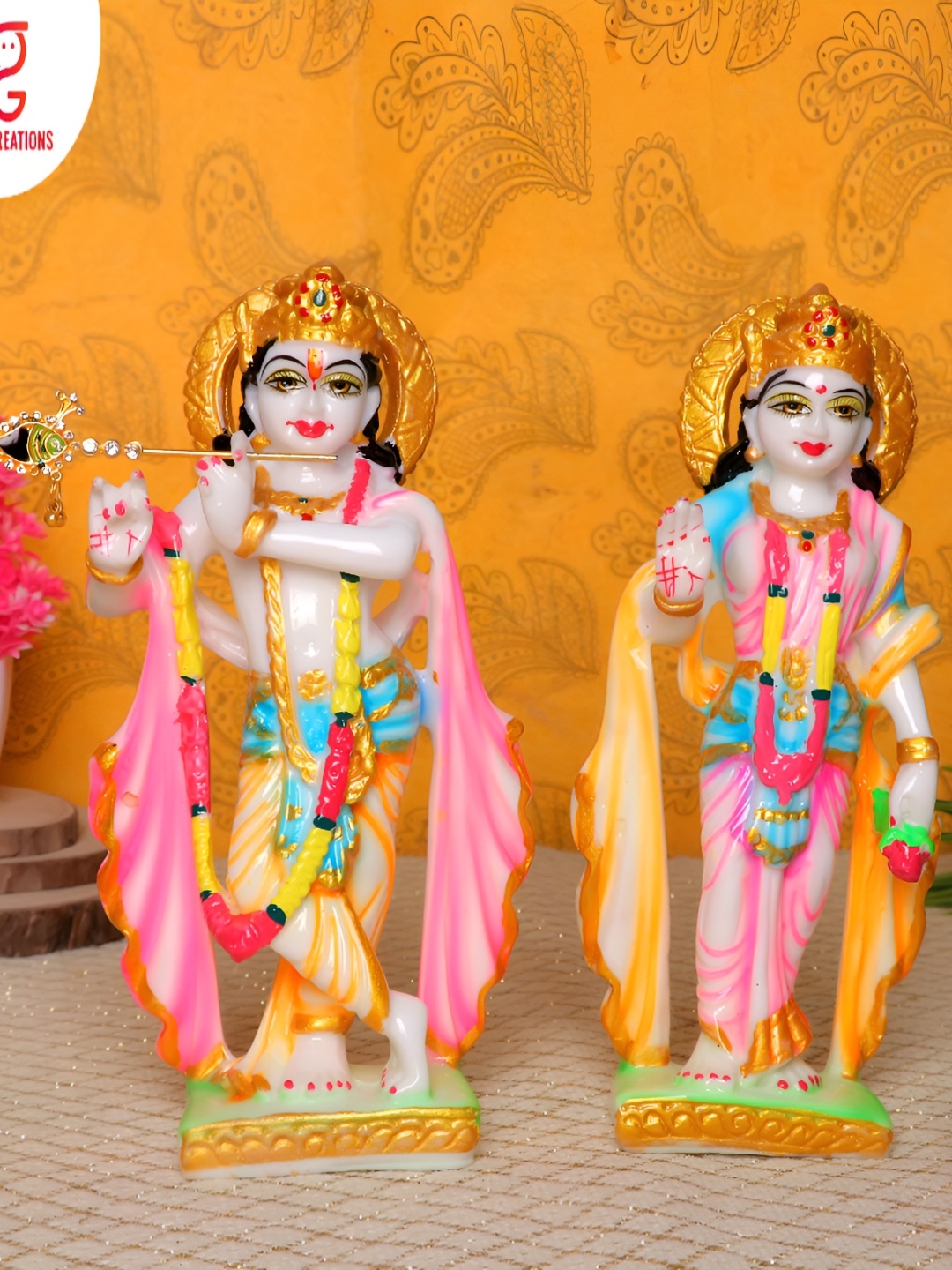 

GW CREATIONS White & Pink Radha Krishna Exquisite Marble Religious Idol Showpiece
