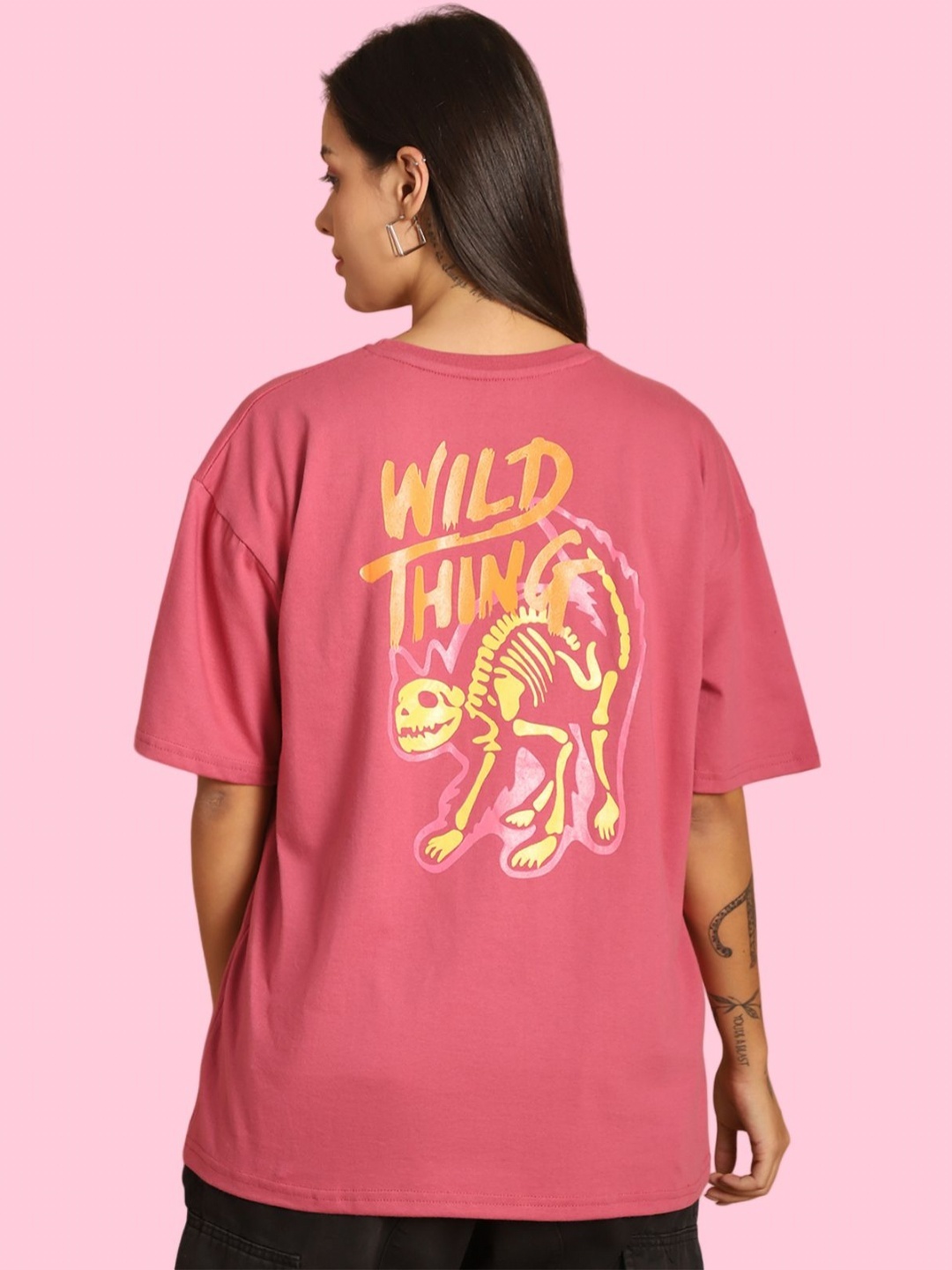 

Tromko Women Graphic Printed Round Neck Cotton Oversized T-shirt, Pink