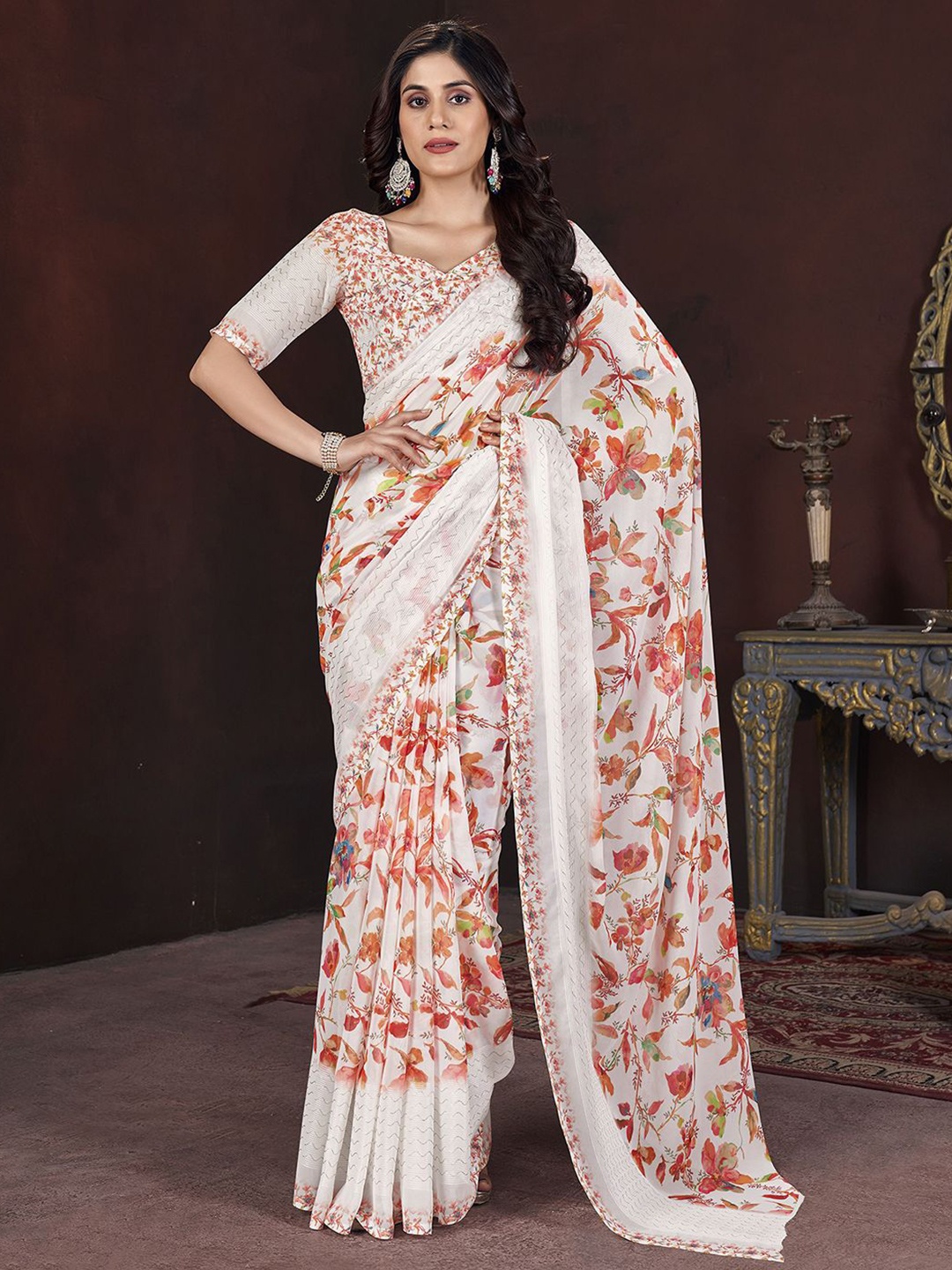 

Mitera Floral Printed Pure Georgette Saree, White