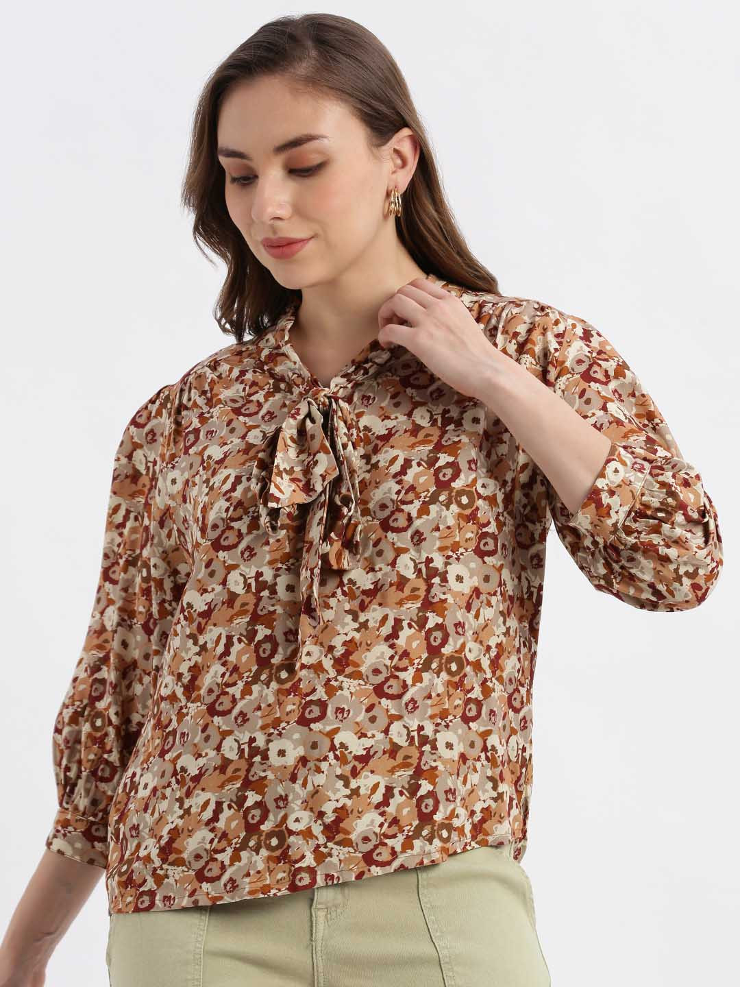 

Grit and Flair Floral Print Tie-Up Neck Puff Sleeve Top, Multi