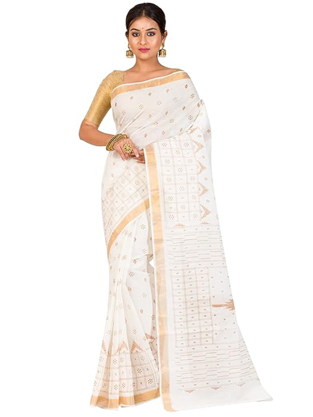 

RAJ SAREE HOUSE Woven Design Zari Pure Cotton Taant Saree, Off white