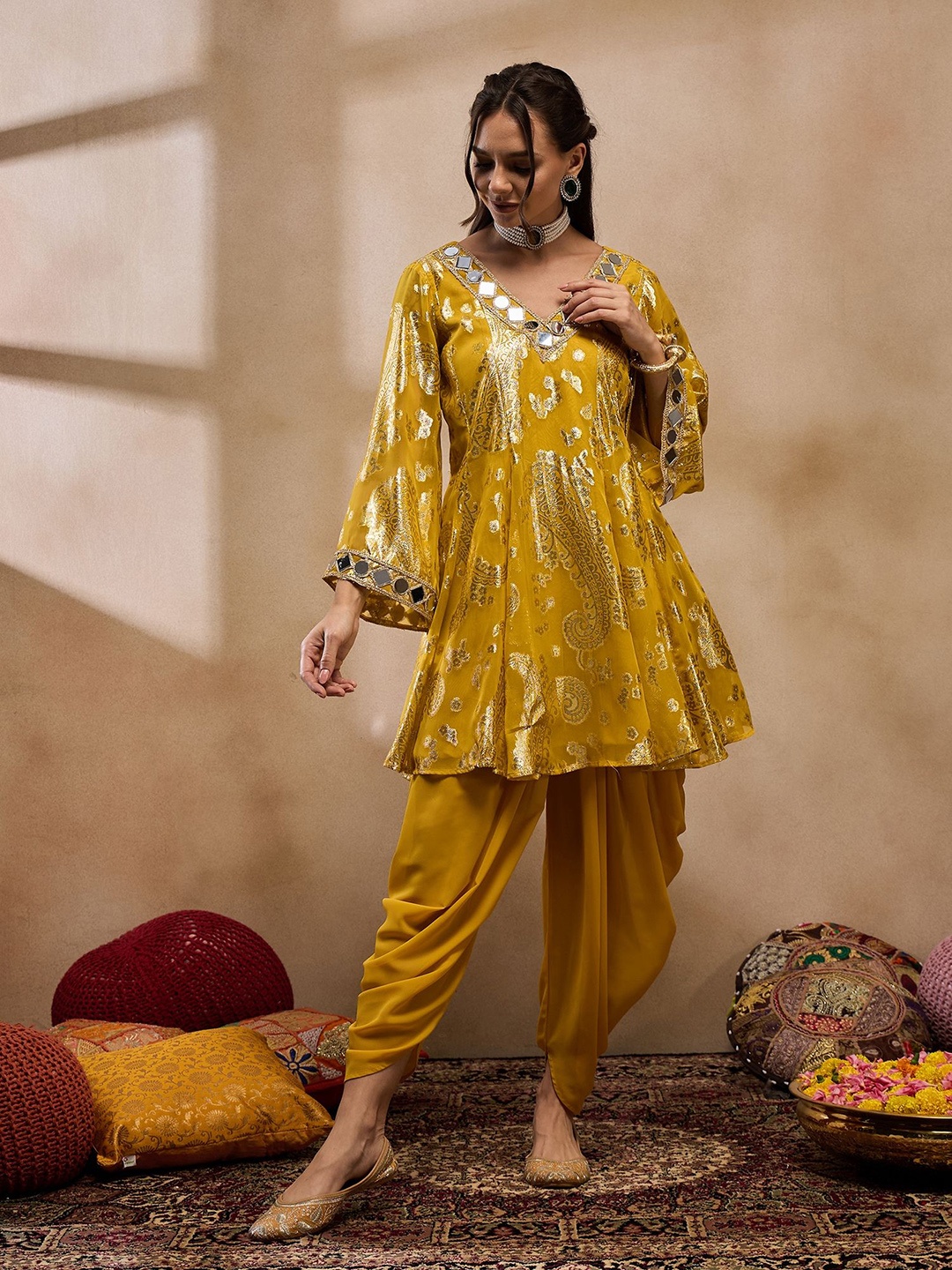 

MABISH by Sonal Jain V-Neck Floral Woven Design Mirror Work A-Line Kurti with Dhoti Pants, Yellow