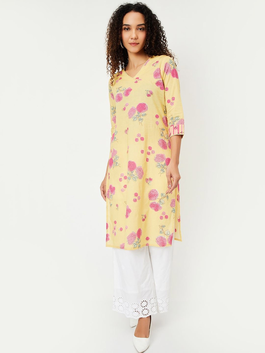 

max Floral Printed V-Neck Three-Quarter Sleeves Regular Straight Kurta, Yellow
