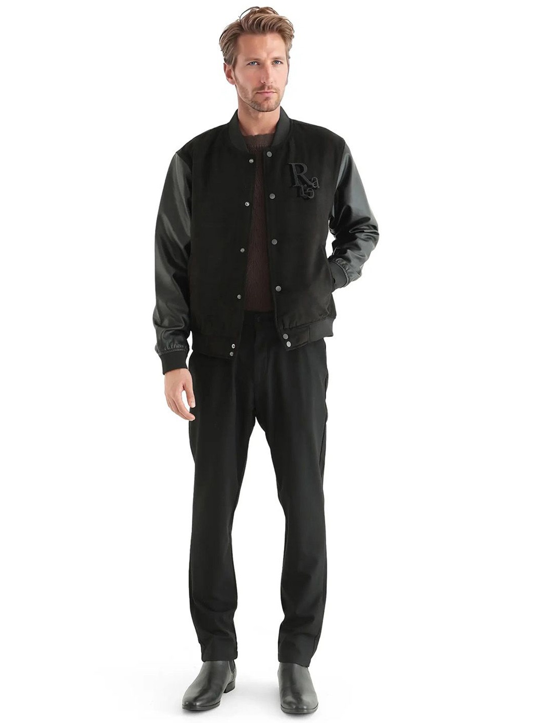 

RARE RABBIT Men Stand Collar Typography Embroidered Casual Bomber Jacket, Black