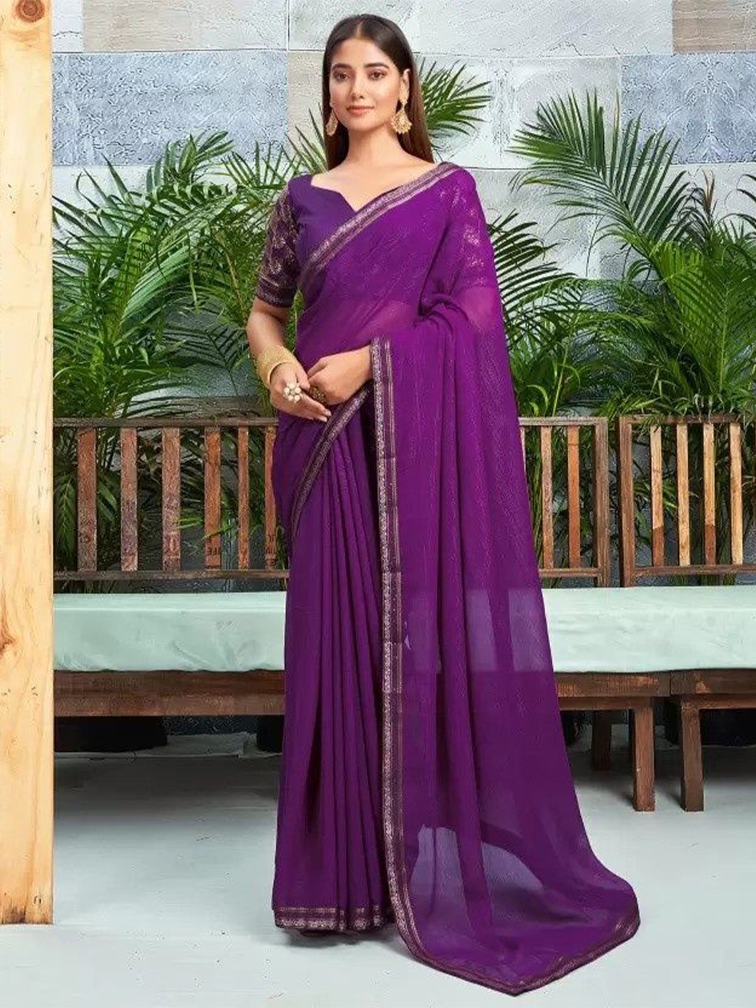 

Reboot Fashions Embroidered Pure Chiffon Saree, Purple