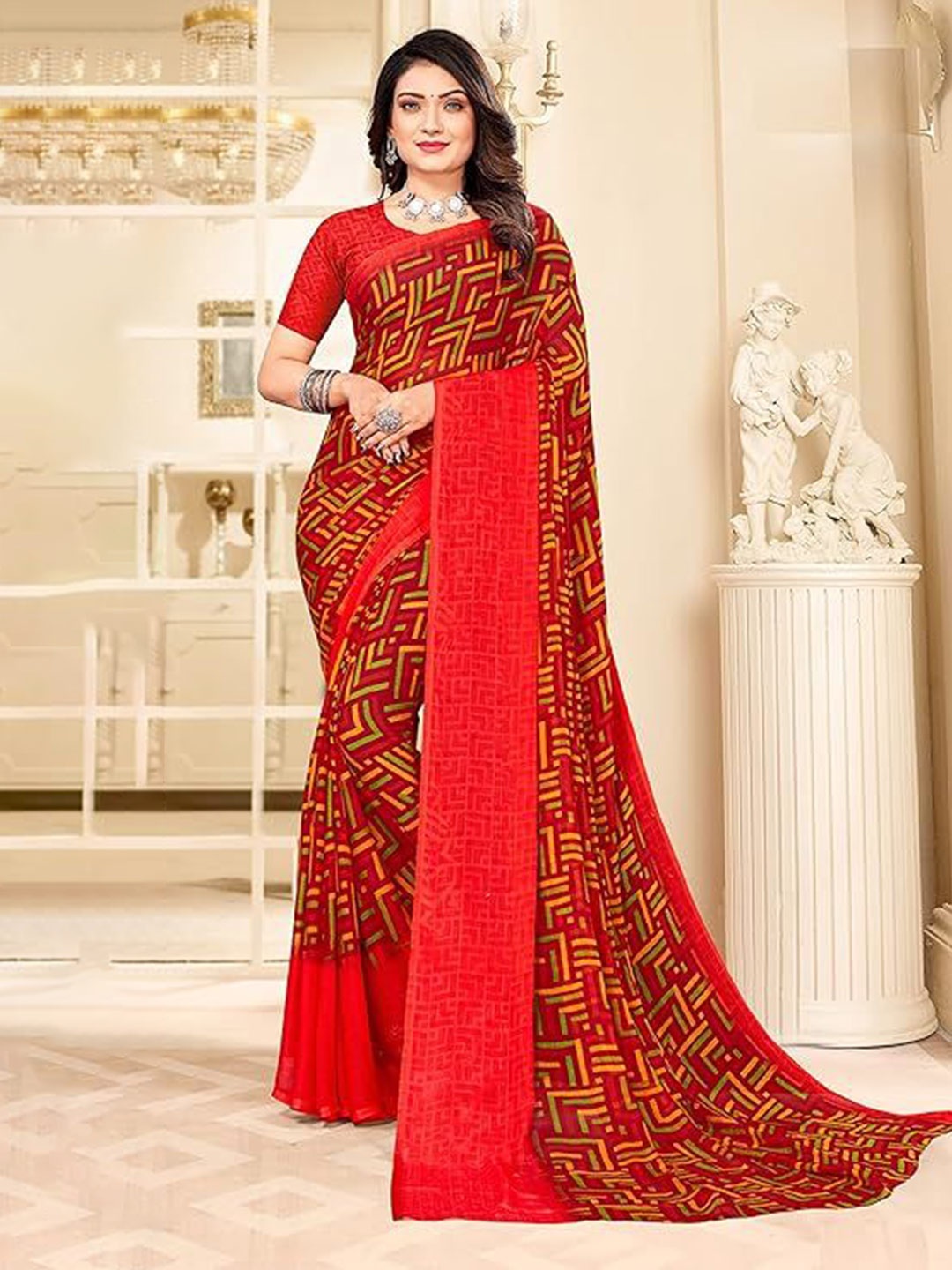 

Reboot Fashions Printed Pure Chiffon Saree, Maroon