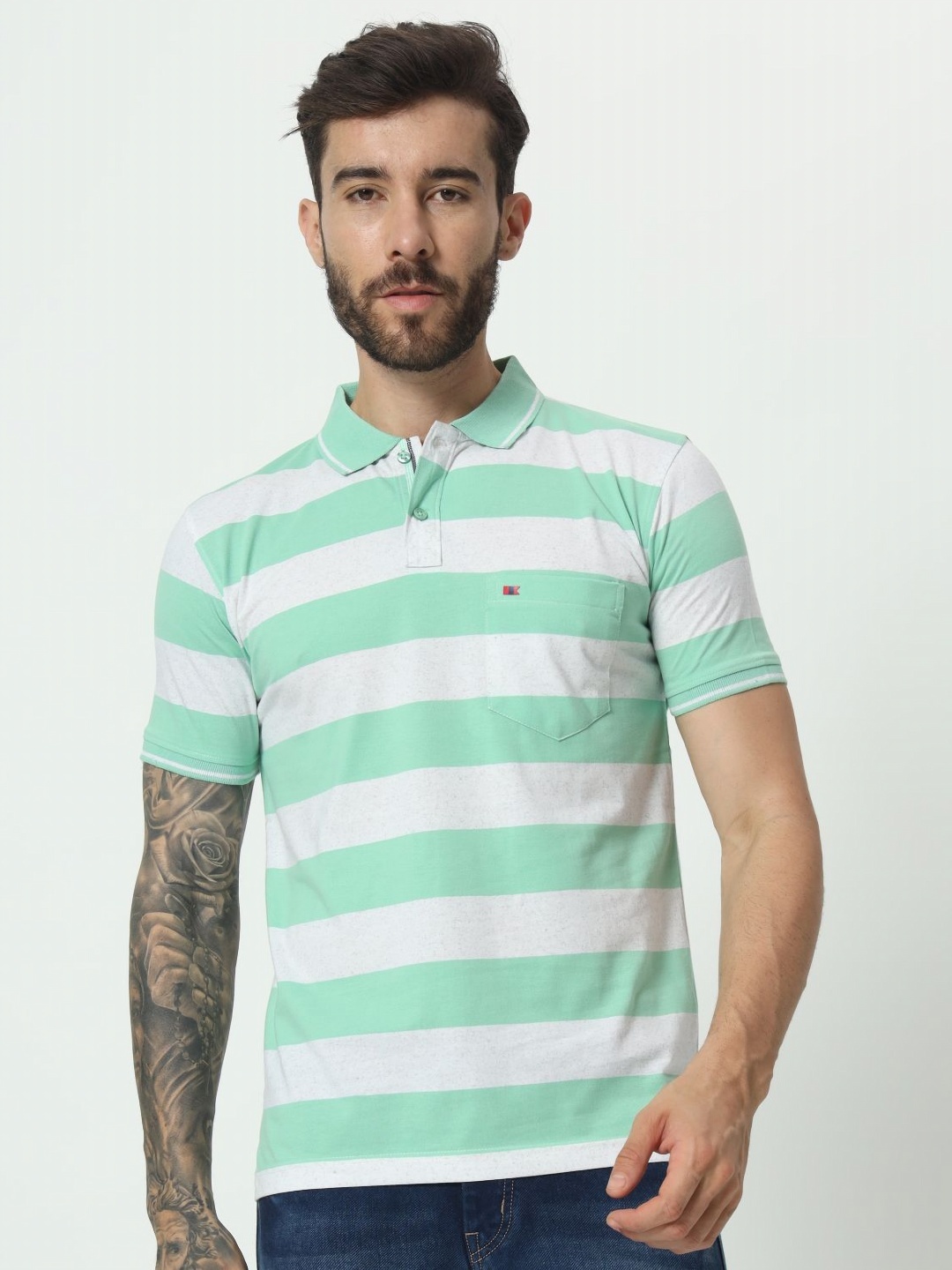 

TAB91 Men Striped Polo Collar Cotton T-shirt, Green