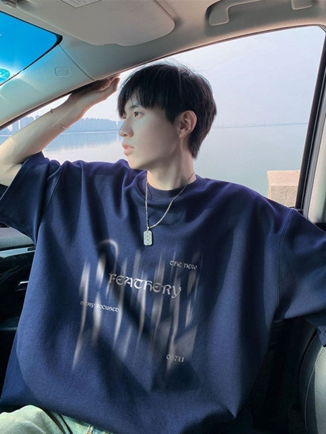 

HERE&NOW Men Graphic Printed Round Neck Cotton Oversized T-shirt, Navy blue