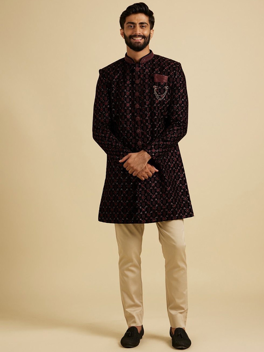 

Manyavar Men Embroidered Mandarin Collar Sherwani, Purple