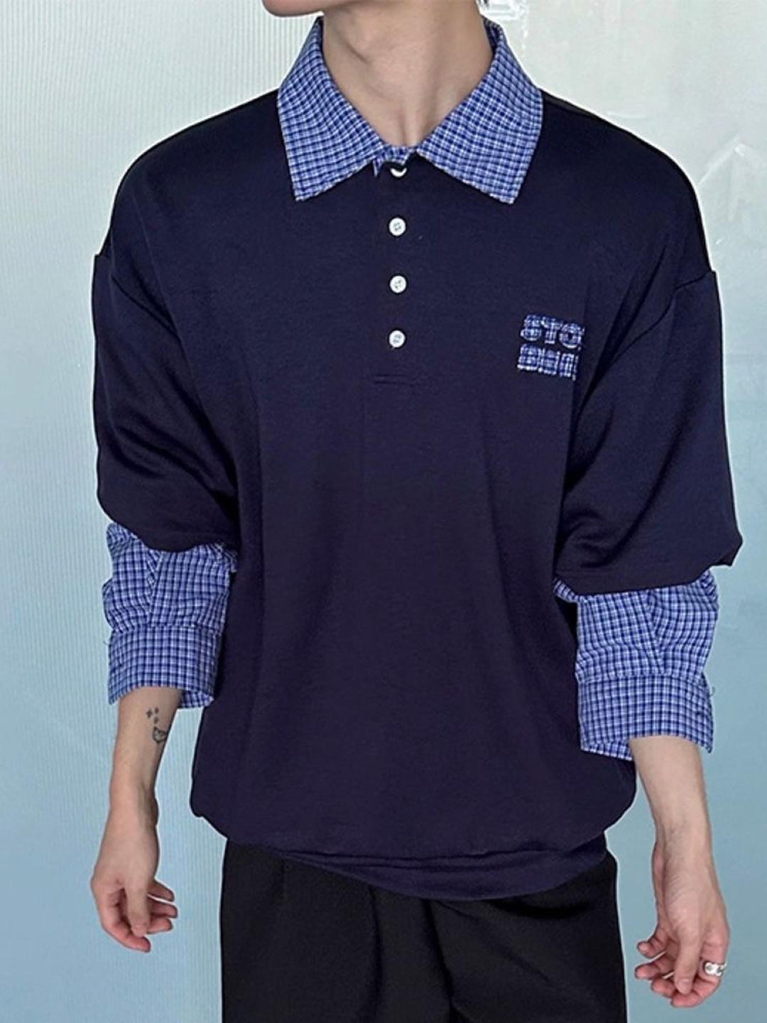 

HERE&NOW Men Checked Polo Collar Oversized T-shirt, Navy blue