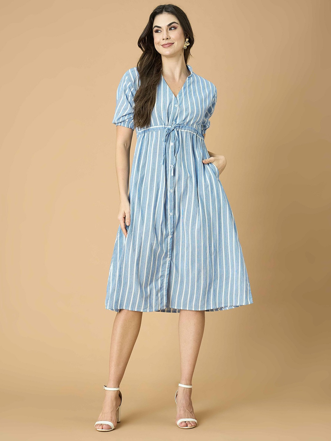 

DressBerry Women Striped Tie-Ups Cotton A-Line Dress Comes with a belt, Blue