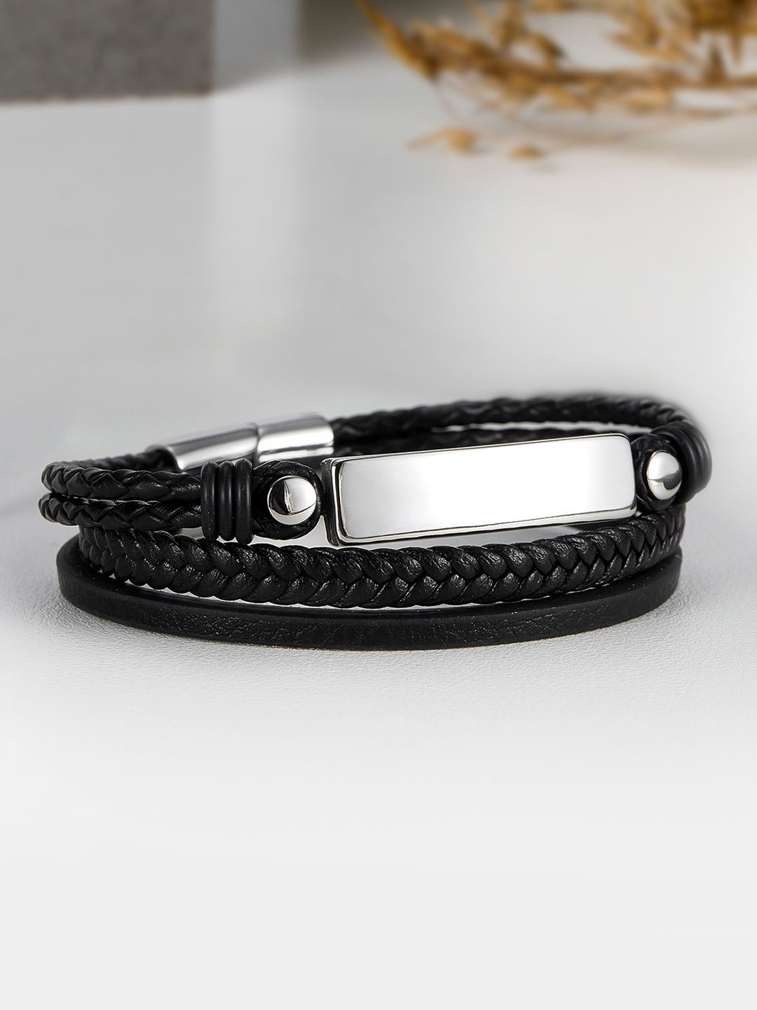 

Peora Men Leather Stainless Steel Openable Wraparound Bracelet, Black