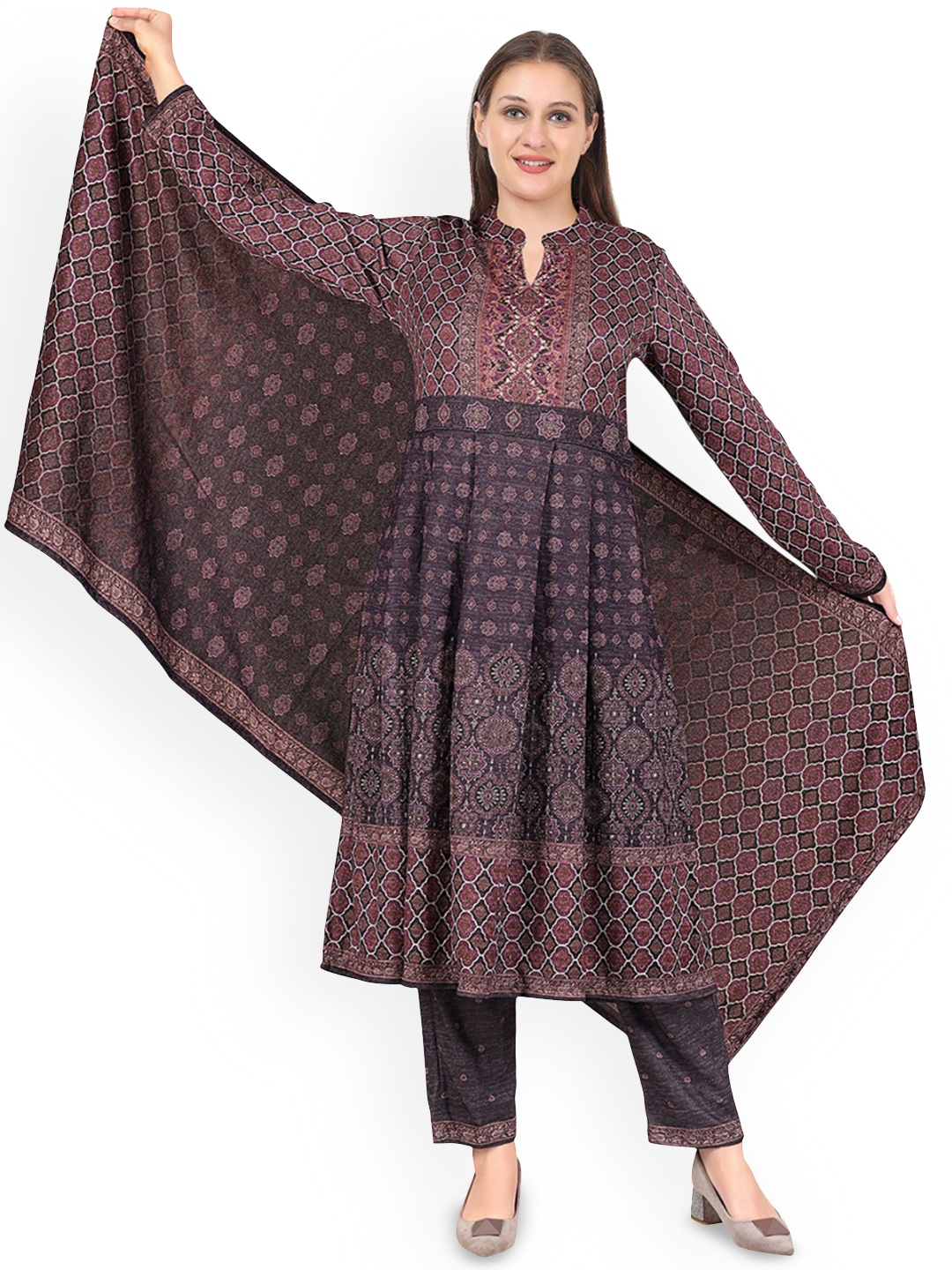 

Pampara Floral Printed Mandarin Collar Anarkali Kurta With Trousers & Dupatta, Purple