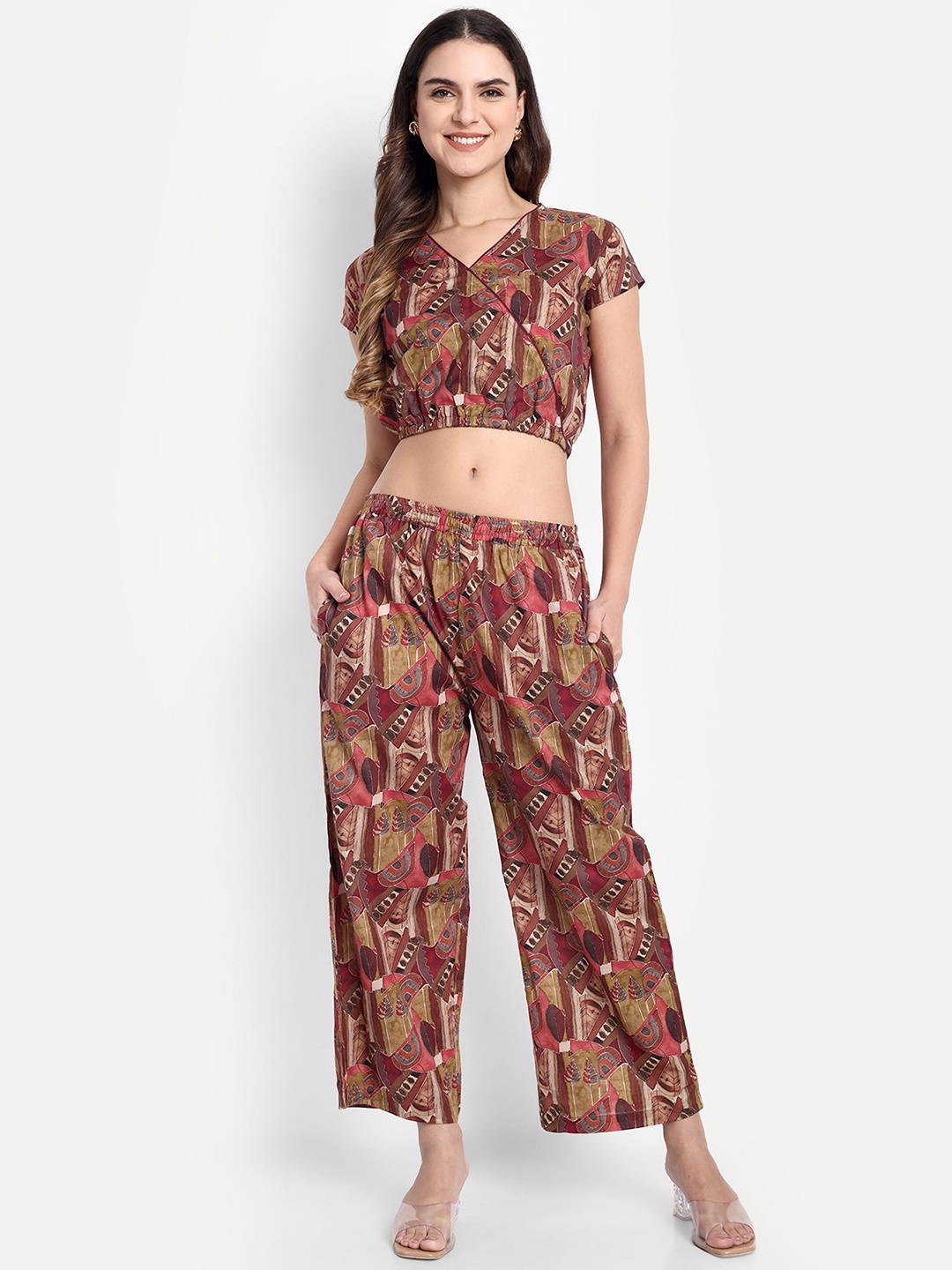 

GAB Printed V-Neck Short Sleeves Pure Cotton Top & Trouser, Brown