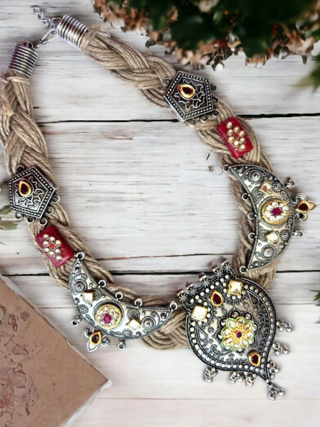 

VIVAZS German Silver-Plated Oxidised Kundan Stone Studded Devine Motif Crochet Necklace