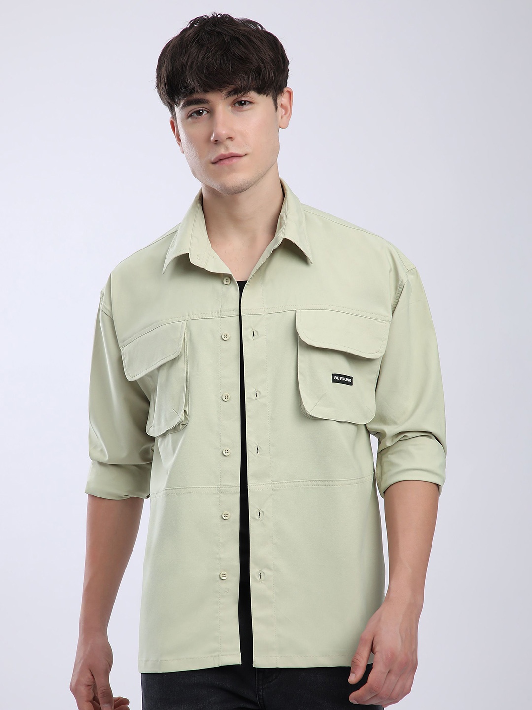 

Beyoung Men Spread Collar Solid Cotton Relaxed Fit Casual Shirt, Green