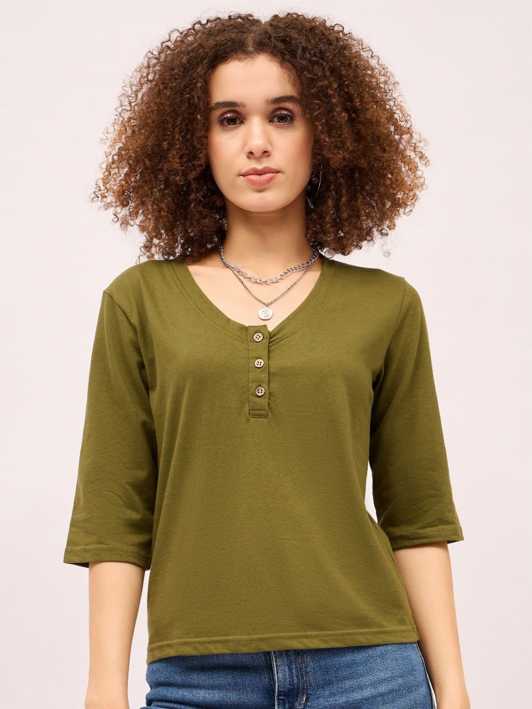 

Mayra Women Solid V-Neck Cotton T-shirt, Olive