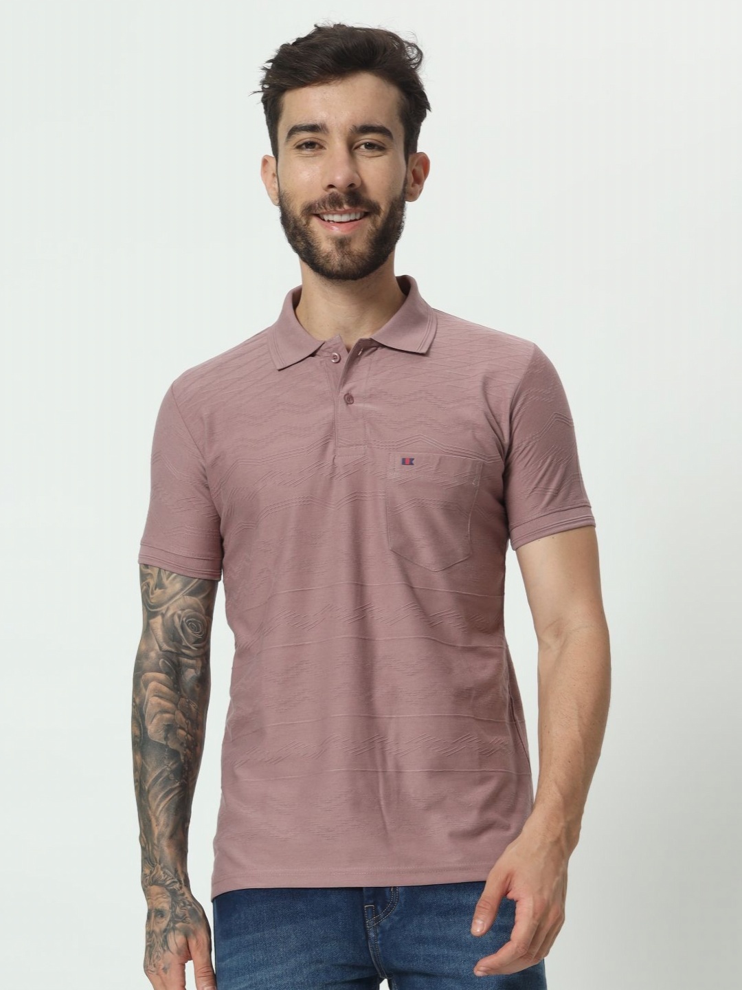 

TAB91 Men Self Design Polo Collar Cotton T-shirt, Nude