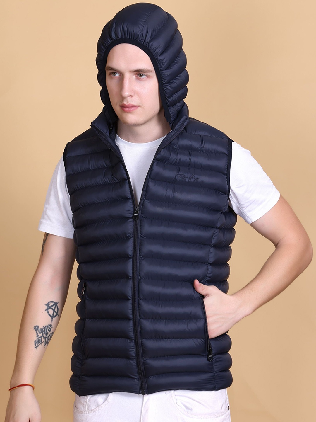 

Roadking Men Hooded Solid Casual Gilet Jacket, Navy blue