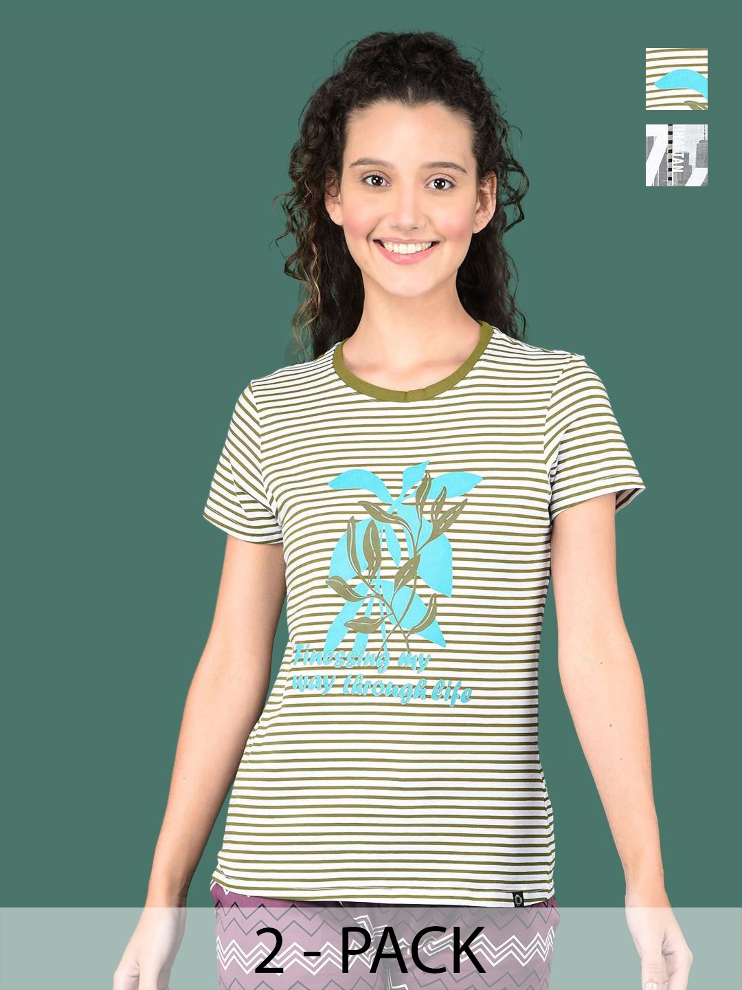 

Dollar Pack Of 2 Women Graphic Printed Round Neck Cotton T-shirts, Olive