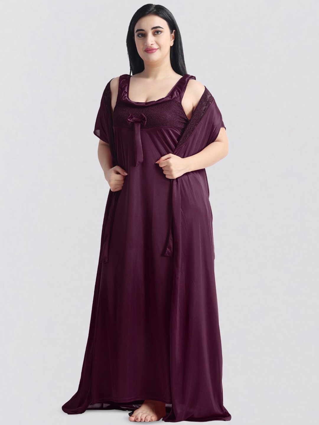 

NIGHT KEYS Women Satin Nightdress Set Of 6 Piece Maxi Nightdress, Purple