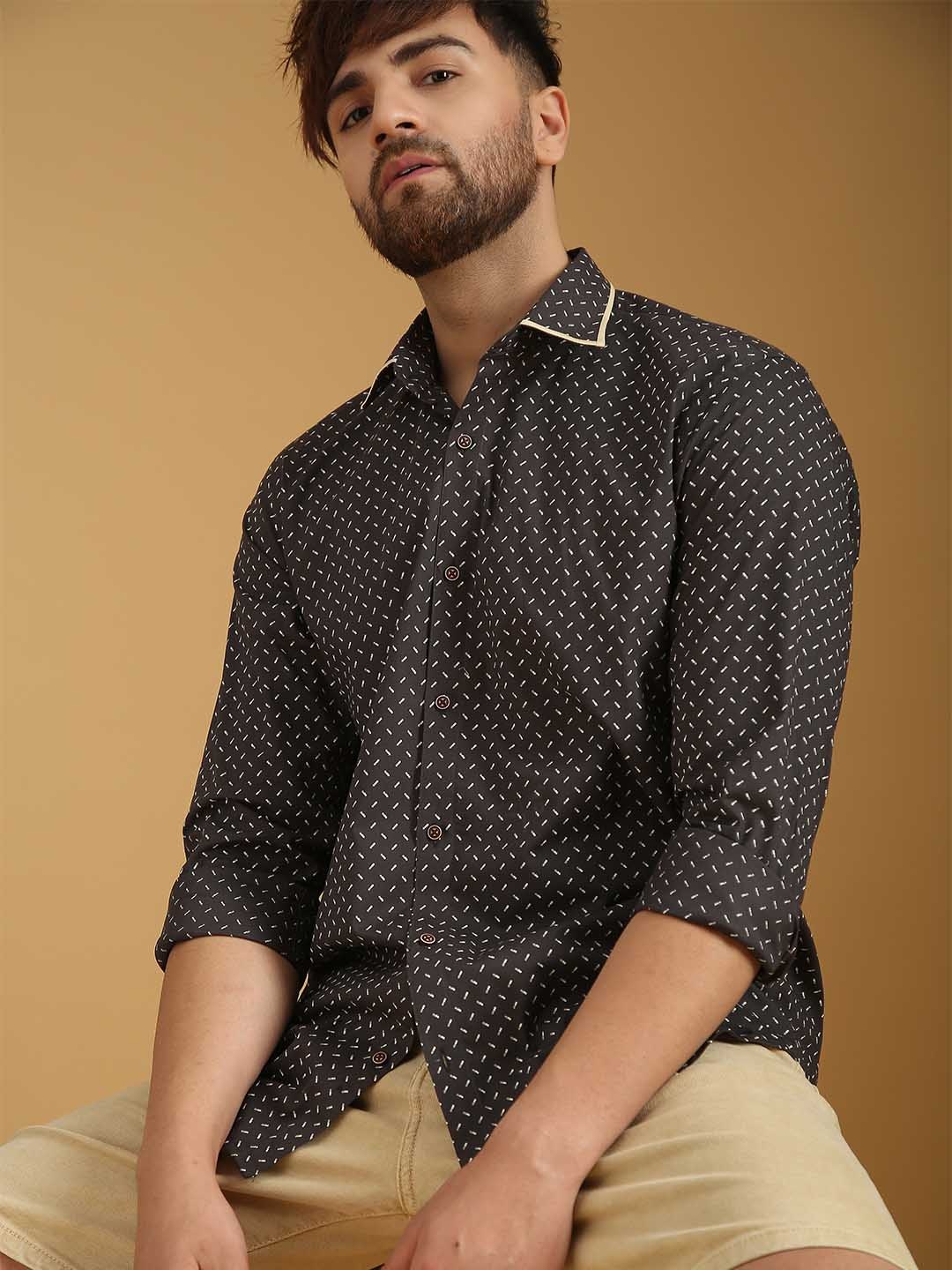 

Mculine Men Standard Spread Collar Micro Ditsy Printed Cotton Casual Shirt, Black