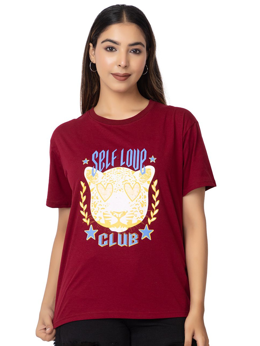 

HILFIRE REGION Women Typography Printed Round Neck Cotton T-shirt, Maroon
