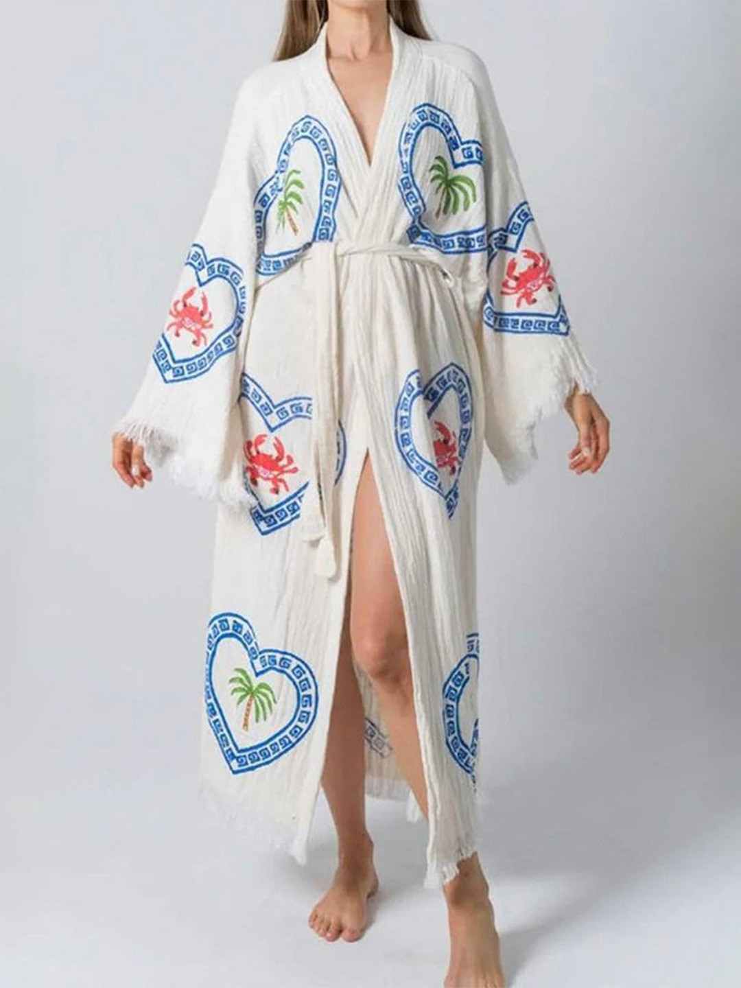 

LULU & SKY Women Tropical Printed Long Sleeve Robe With Waist Belt, White