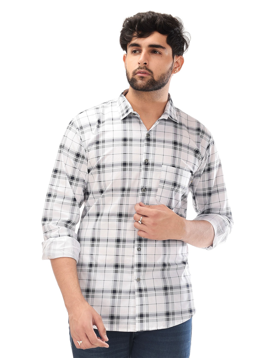 

Tanip Men Spread Collar Checked Cotton Casual Shirt, White