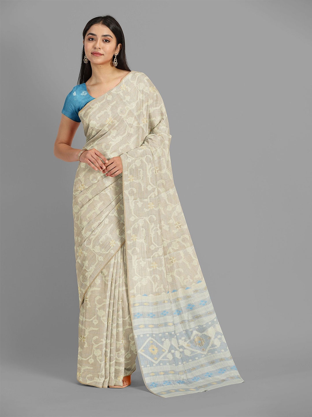 

The Chennai Silks Floral Pure Cotton Muga Saree, Beige