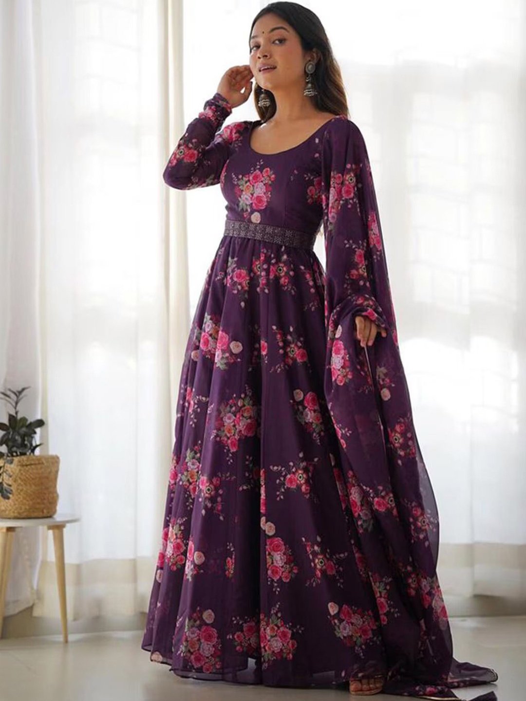 

LADY SHOPI Women Floral Printed Fit & Flare Maxi Ethnic Dresses, Purple