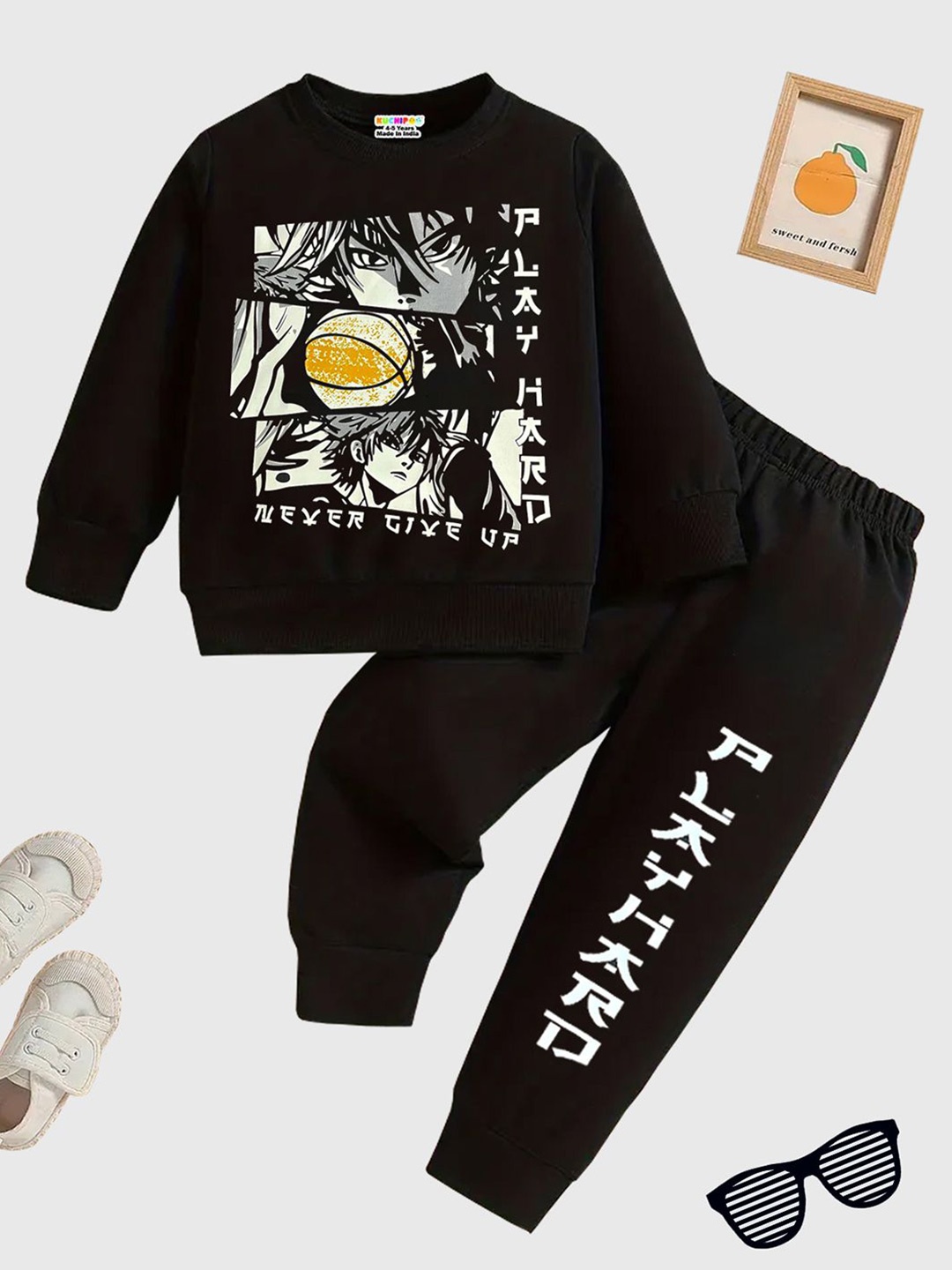 

KUCHIPOO Boys Printed Sweatshirt with Pyjamas, Black