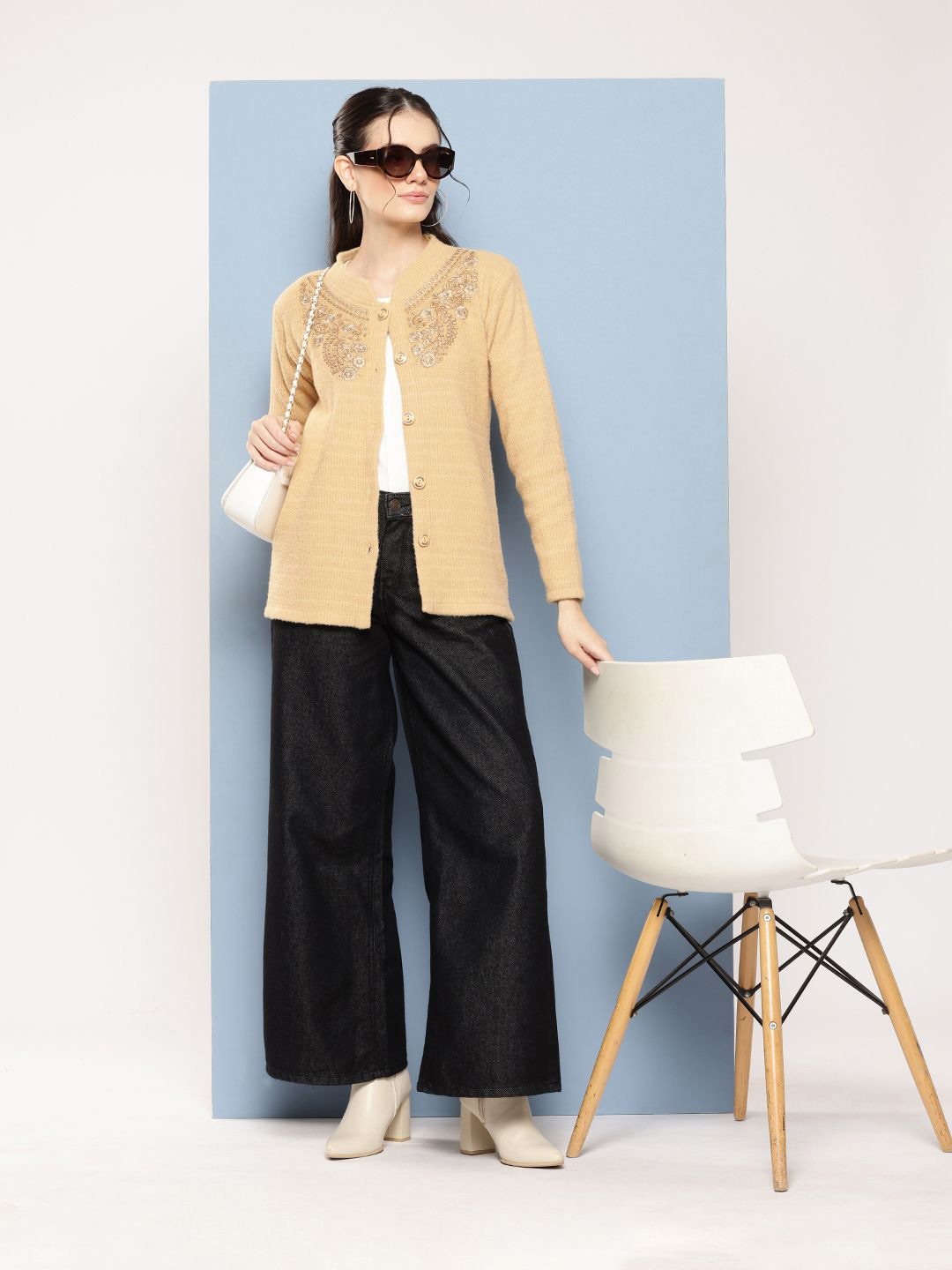 

BAESD Women Floral Printed Woollen Cardigan with Embroidered Detail, Yellow