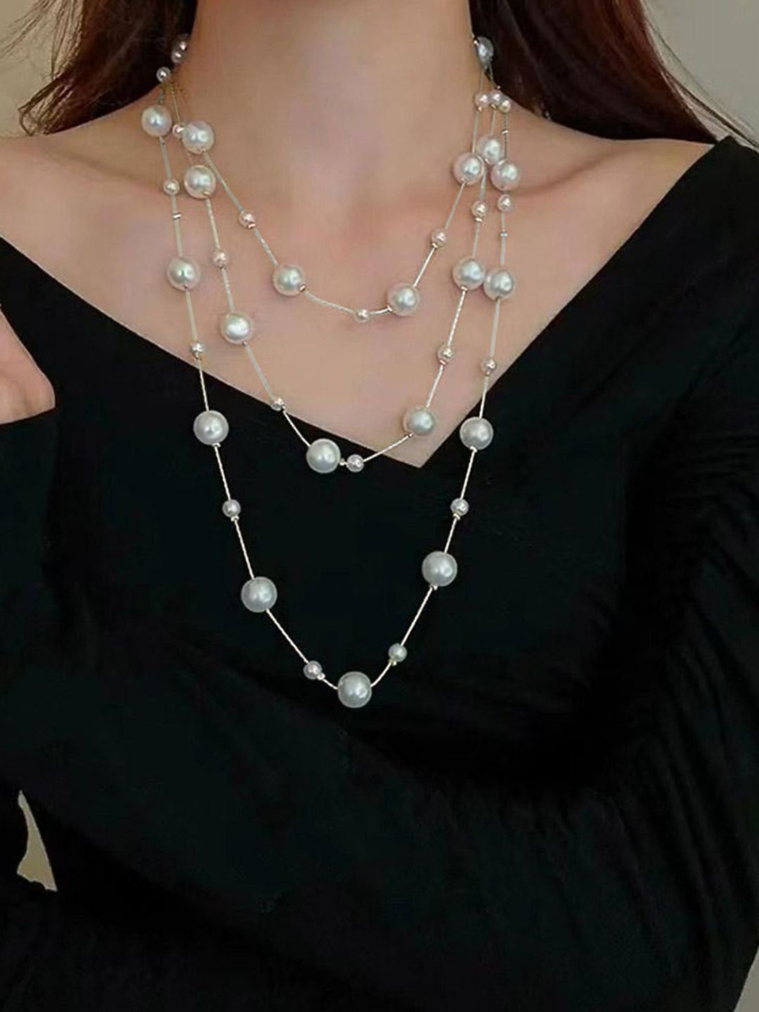

Peora Silver-Plated Pearls Beaded Two Layered Necklace