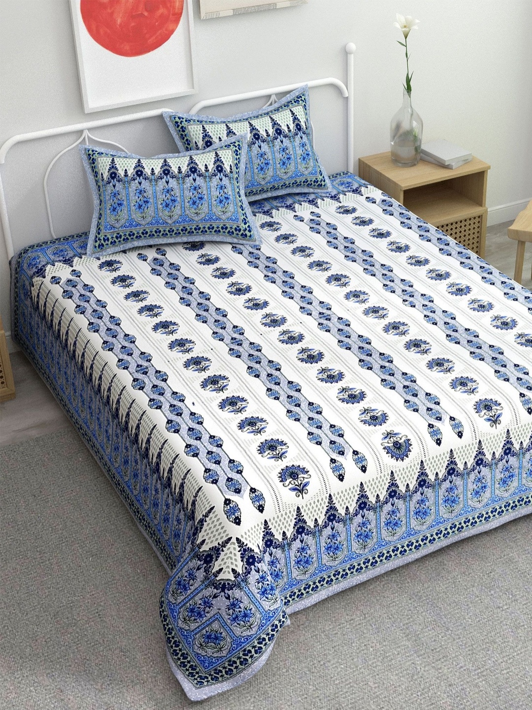 

Adwitiya Blue & White Ethnic Motifs 220 TC Pure Cotton Double King Bedsheet Set 2.41 m x 2.74 m