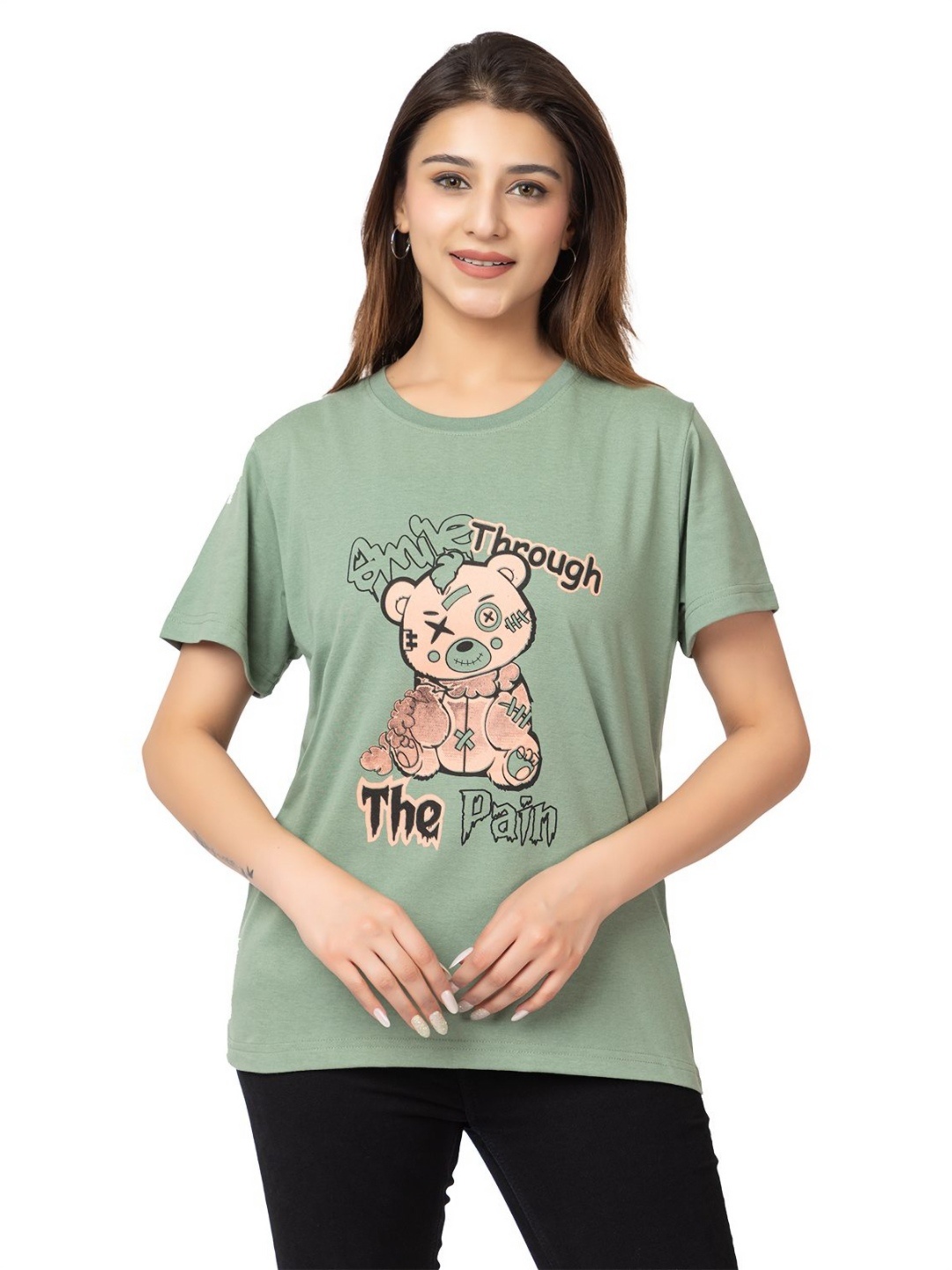 

HILFIRE REGION Women Typography Printed Round Neck Cotton T-shirt, Green