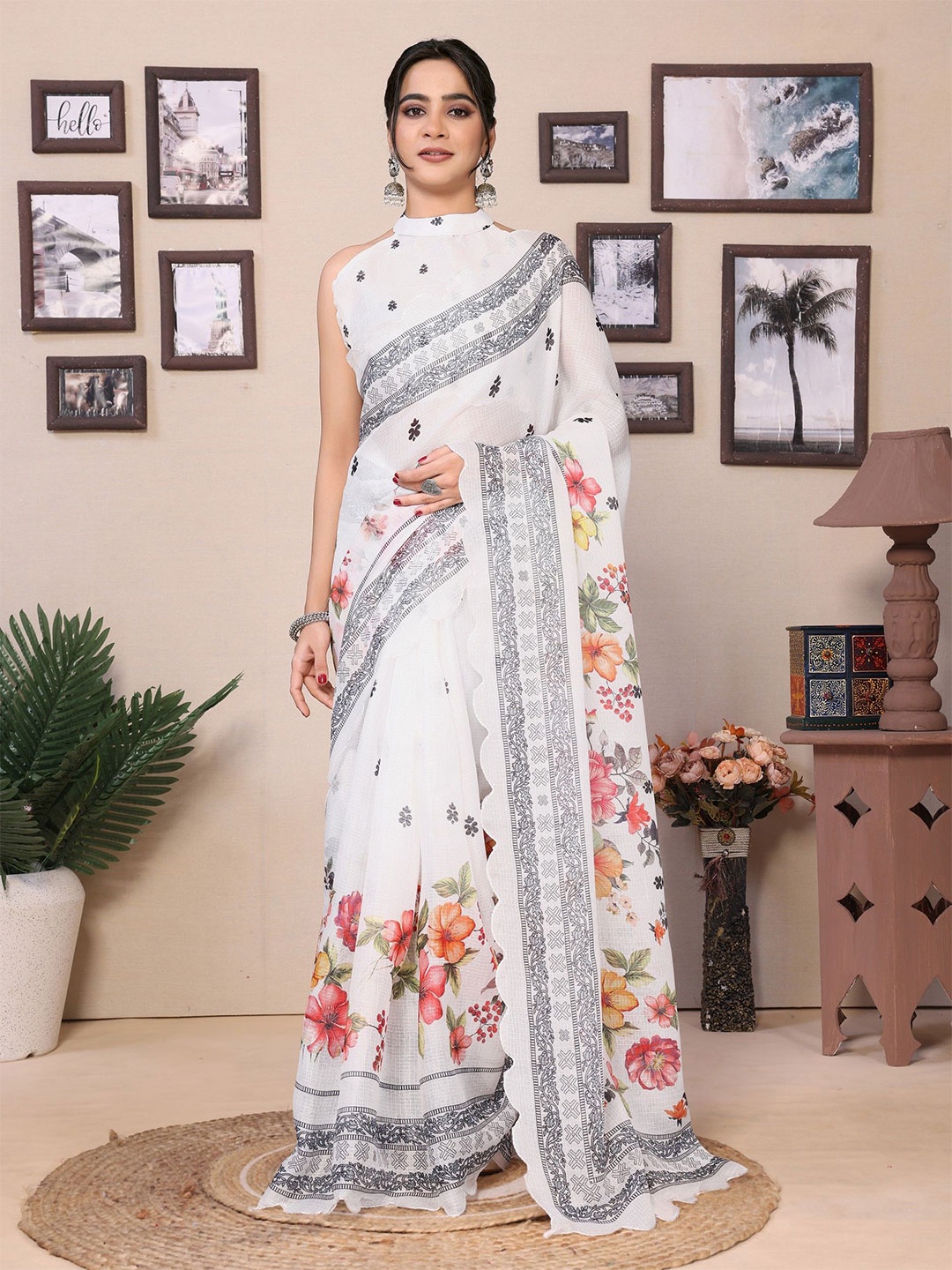 

LeeliPeeri Designer Floral Printed Cut Work Ready to Wear Saree, White