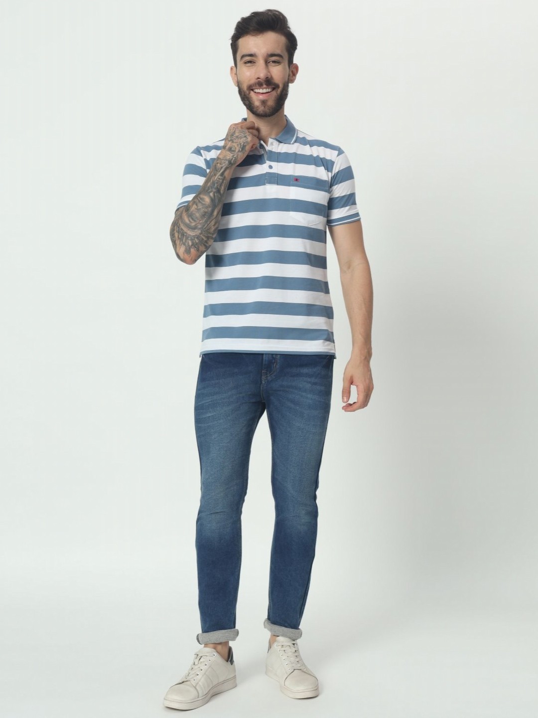 

TAB91 Men Striped Polo Collar Cotton T-shirt, Blue