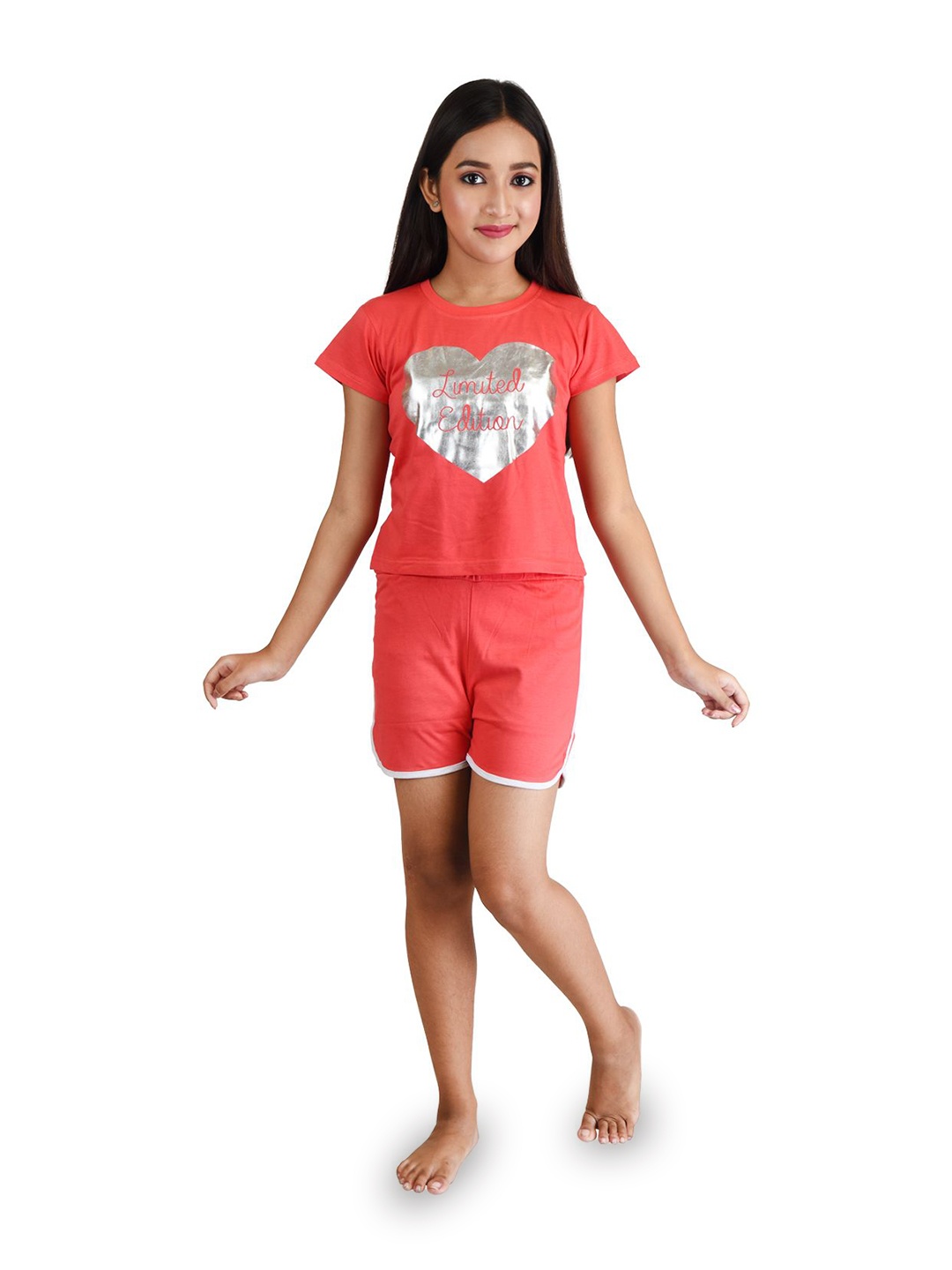 

Clothe Funn Girls Typography Printed Round Neck Pure Cotton Casual Top With Shorts, Coral