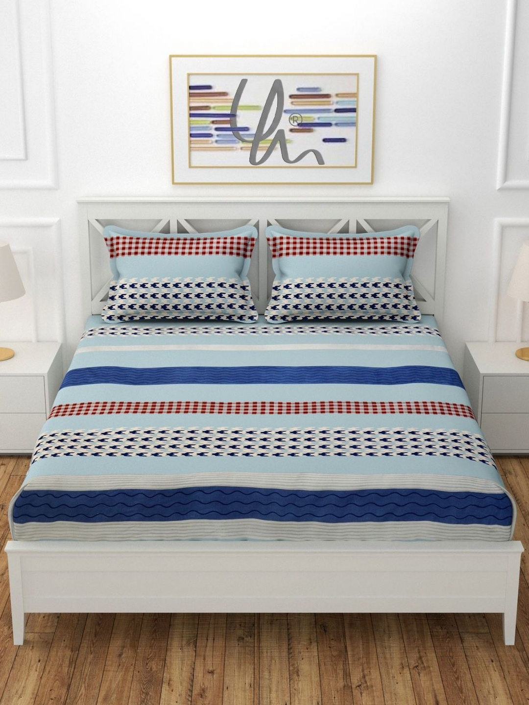 

YaAkholic Blue & White Striped 210 TC King Bedsheet with 2 Pillow Covers