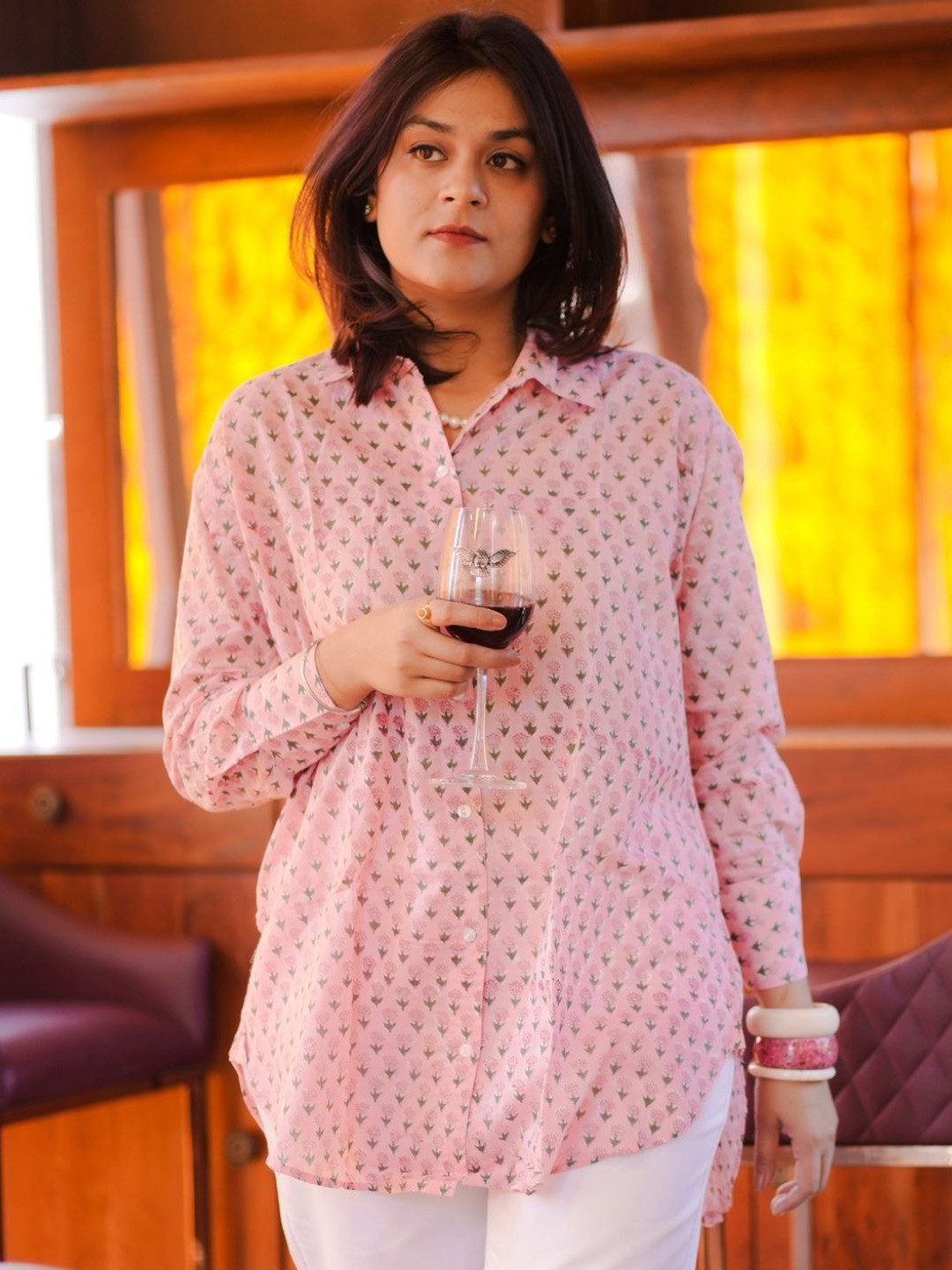 

SASSY SAJJA Women Comfort Spread Collar Floral Printed Cotton Oversized Casual Shirt, Pink