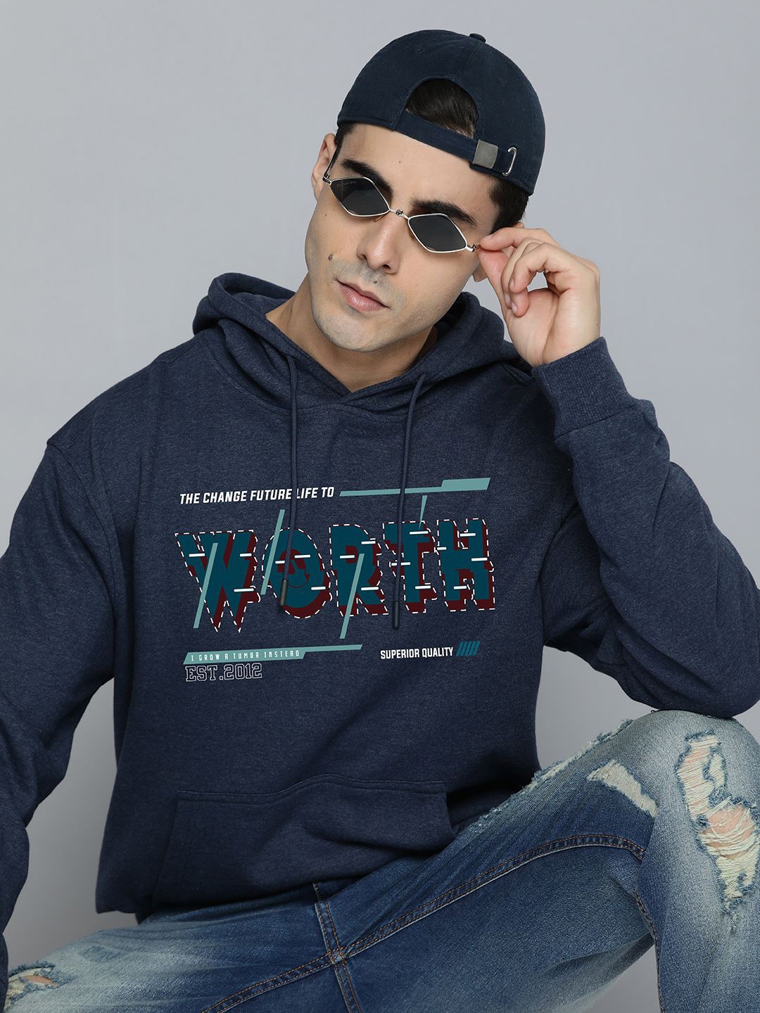 

R.Code by The Roadster Life Co. Men Printed Hooded Cotton Sweatshirt, Navy blue