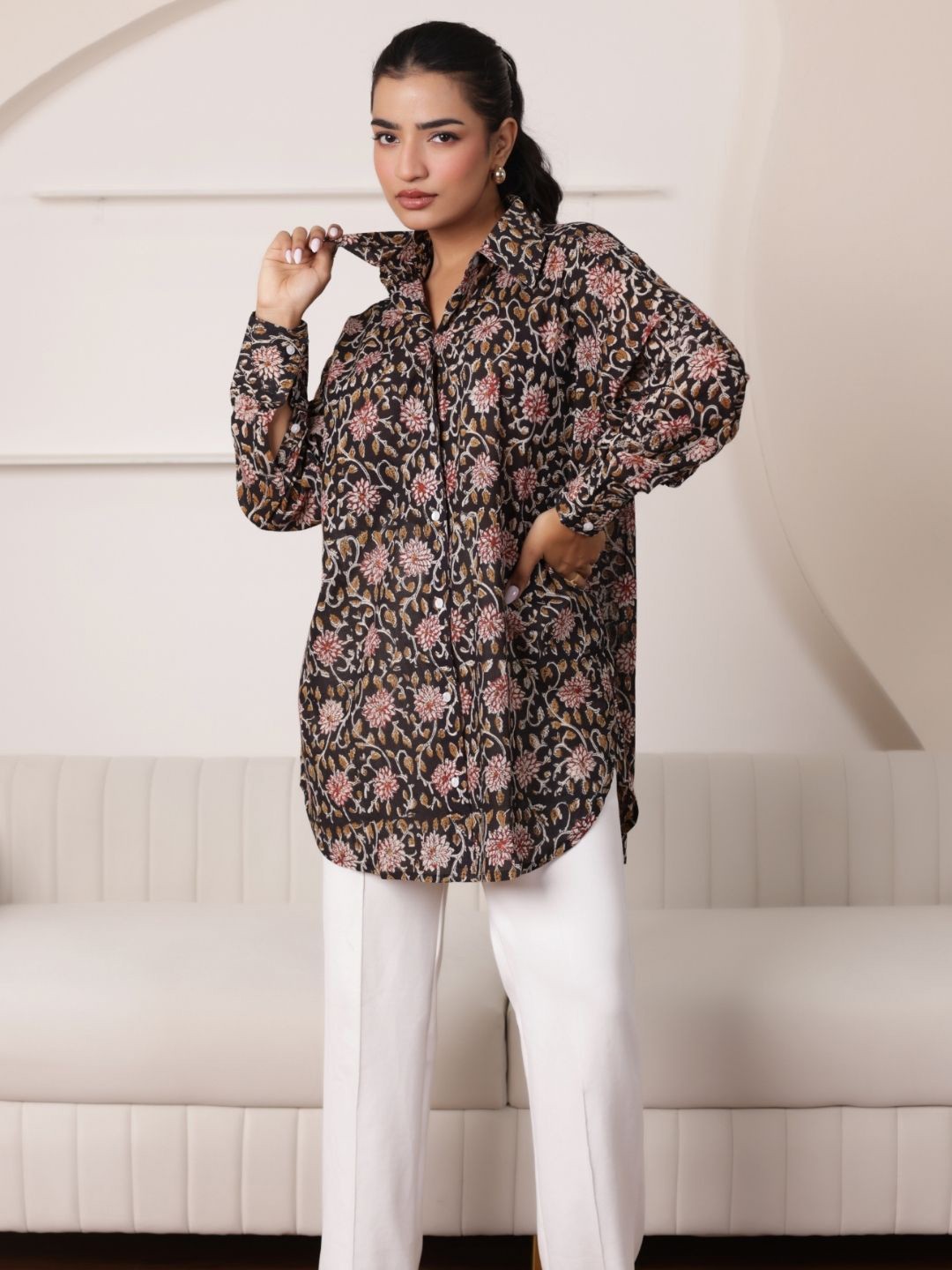 

SASSY SAJJA Women Comfort Spread Collar Floral Printed Cotton Oversized Casual Shirt, Black