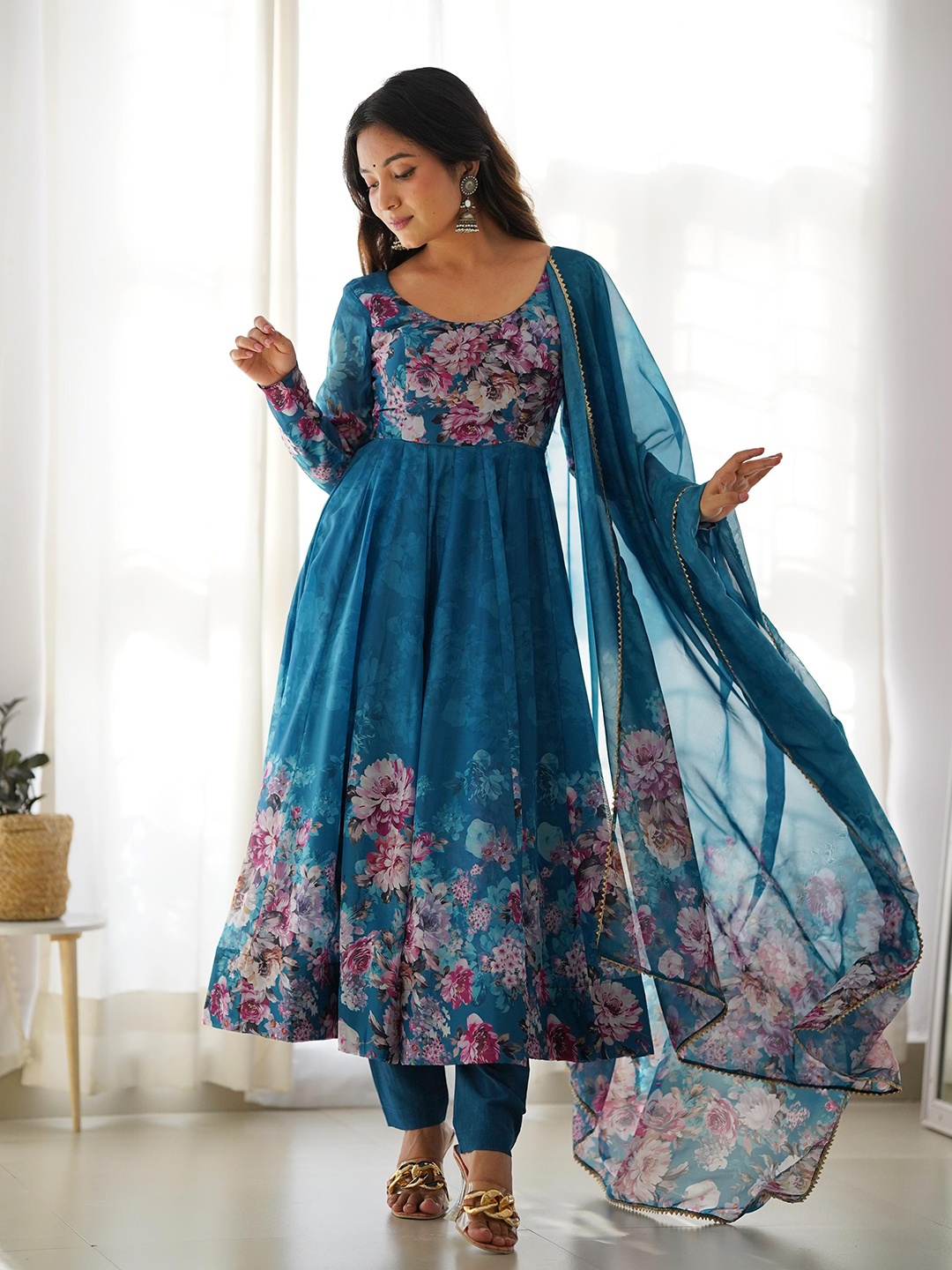 

KALINI Floral Printed Anarkali Kurta with Trousers & With Dupatta, Teal