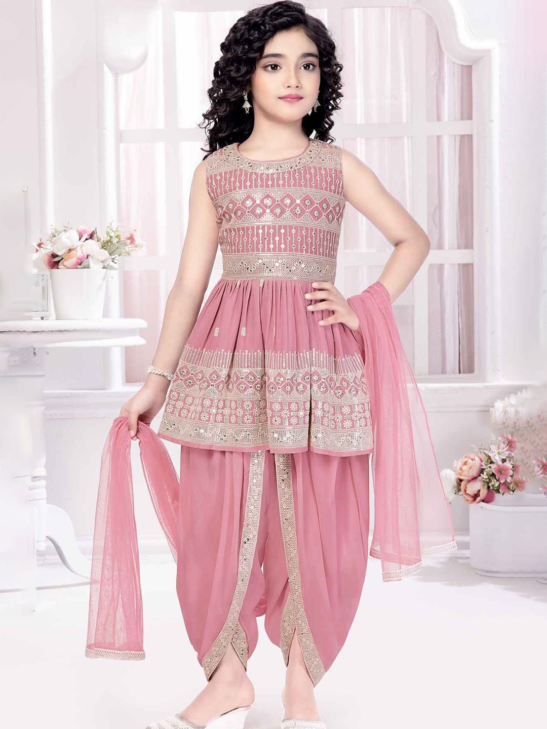 

Lagorii Girls Ethnic Motifs Embroidered Sequinned Kurti With Dhoti Pants & Dupatta, Peach